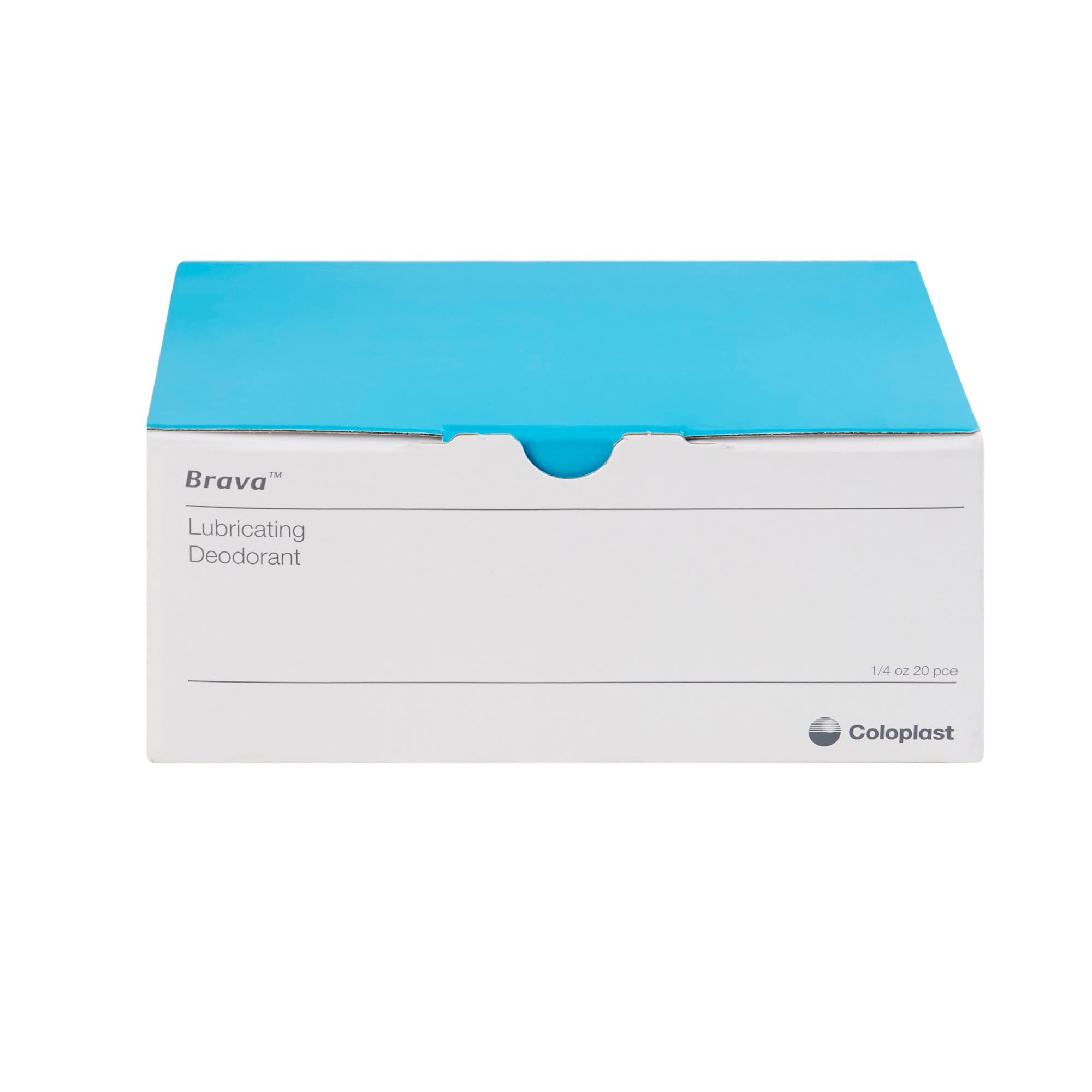 Coloplast Brava Lubricating Deodorant sachet close-up highlighting smooth lubrication for comfortable wear.
