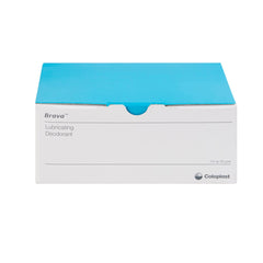 Coloplast Brava Lubricating Deodorant sachet close-up highlighting smooth lubrication for comfortable wear.