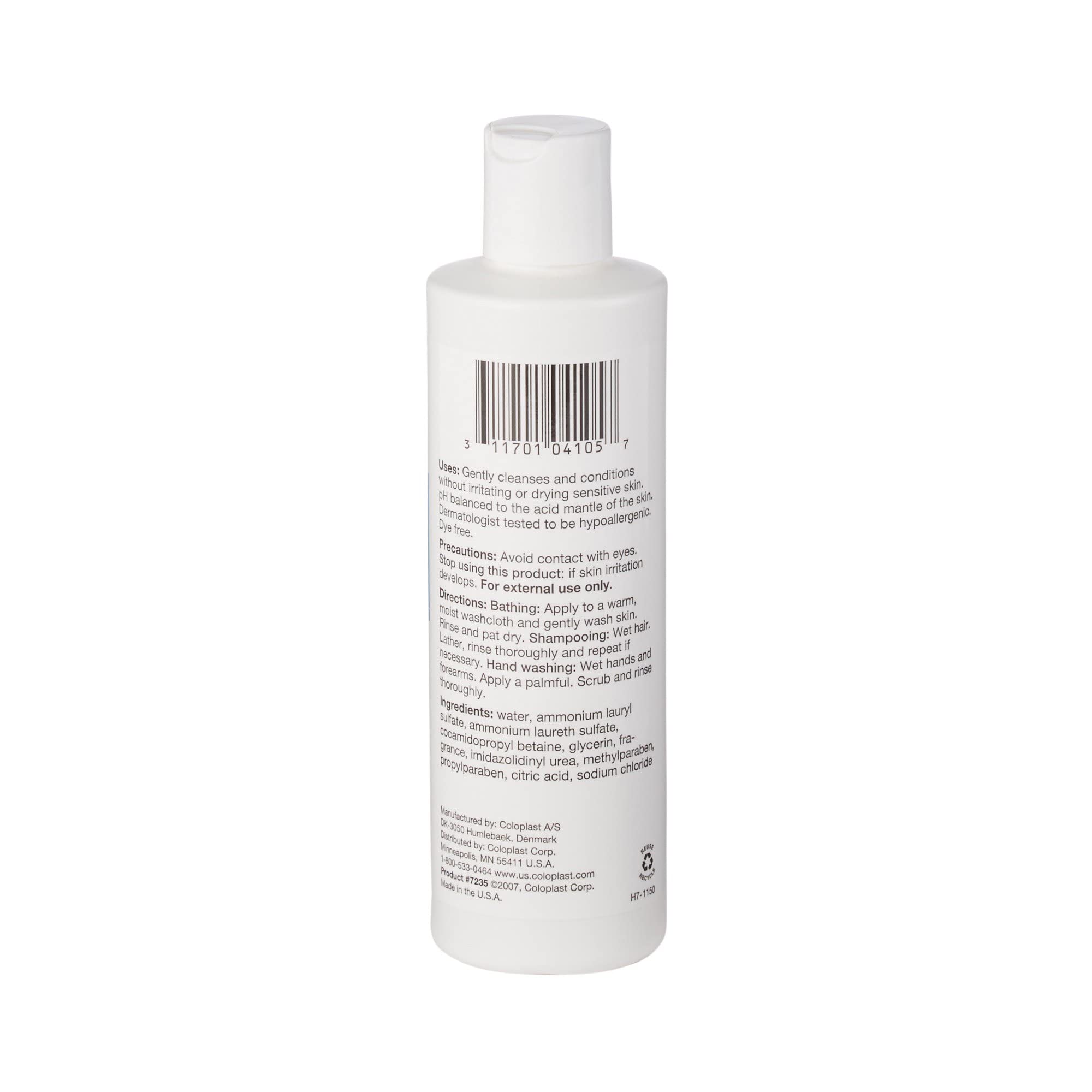 Coloplast Gentle Rain label close-up highlighting dye-free, pH-balanced formula.