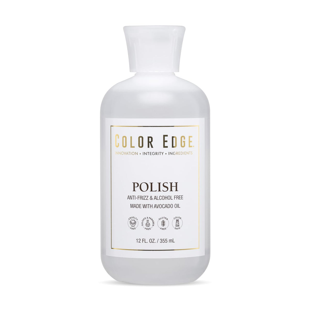 Color Edge Polish bottle pouring avocado oil for moisturized hair and skin.