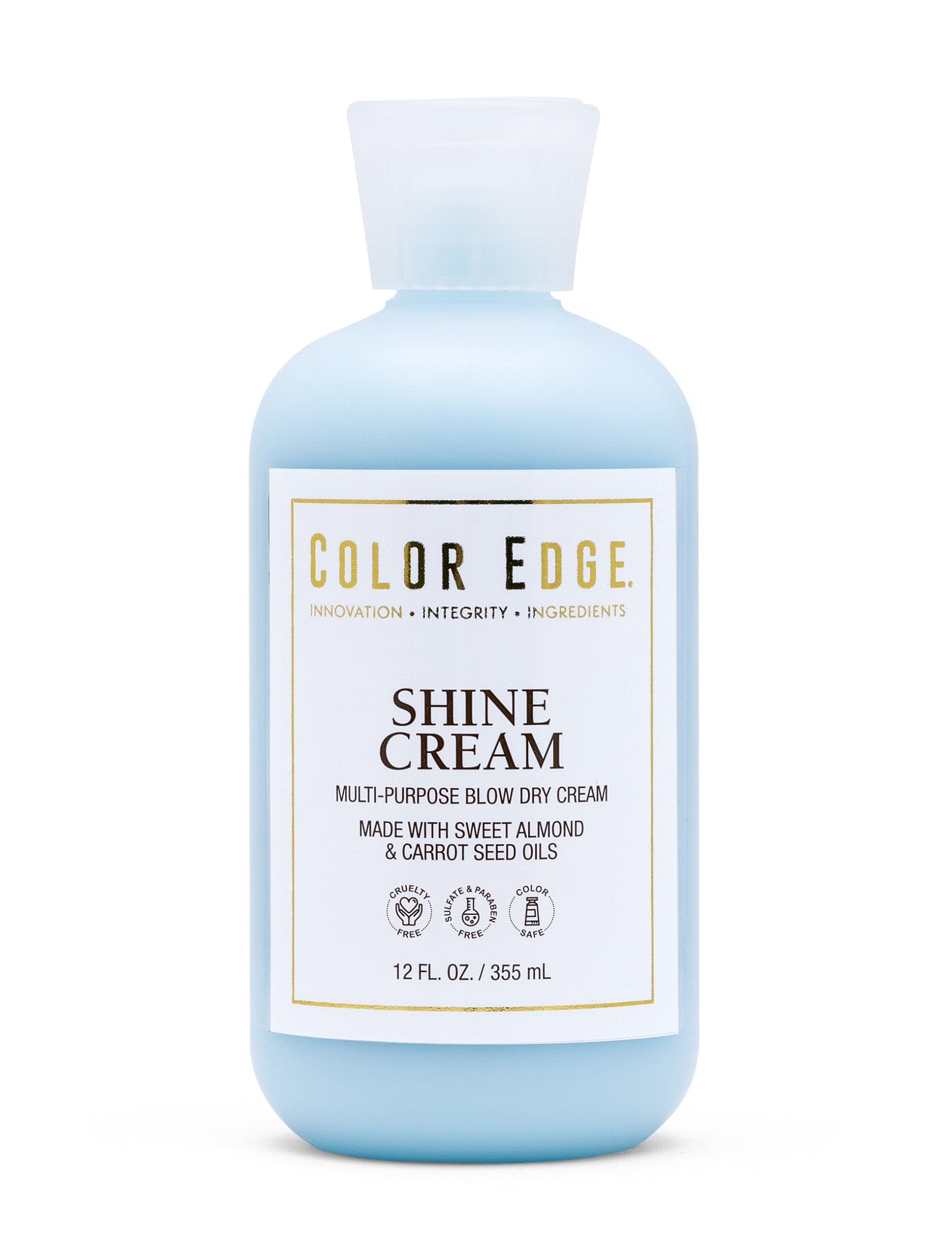 Color Edge Shine Cream bottle demonstrates weightless detangling for quick styling