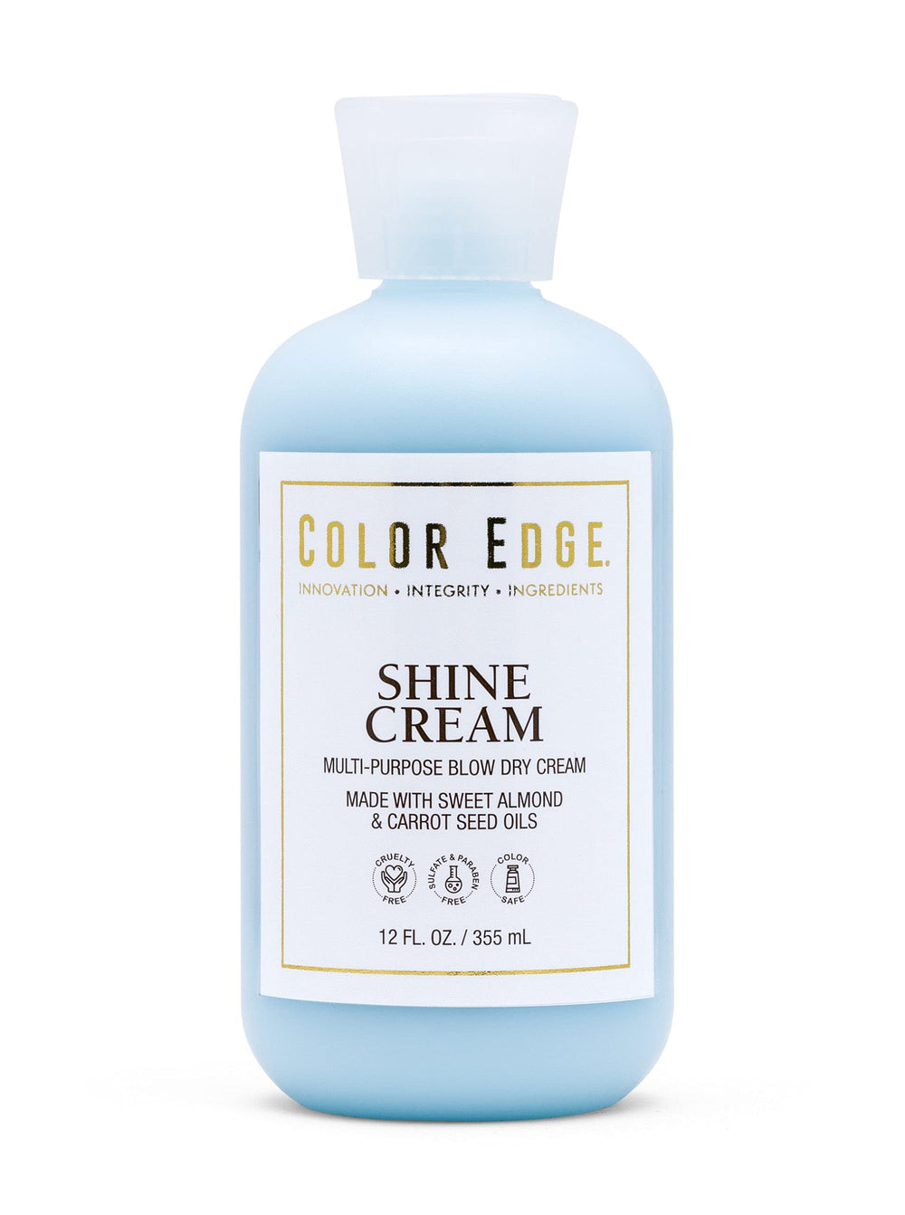 Color Edge Shine Cream bottle demonstrates weightless detangling for quick styling