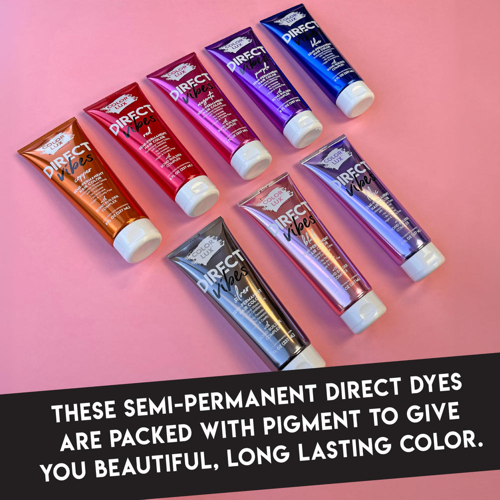 Color Lux Direct Vibes Magenta hair application shows even coverage for bold tones.