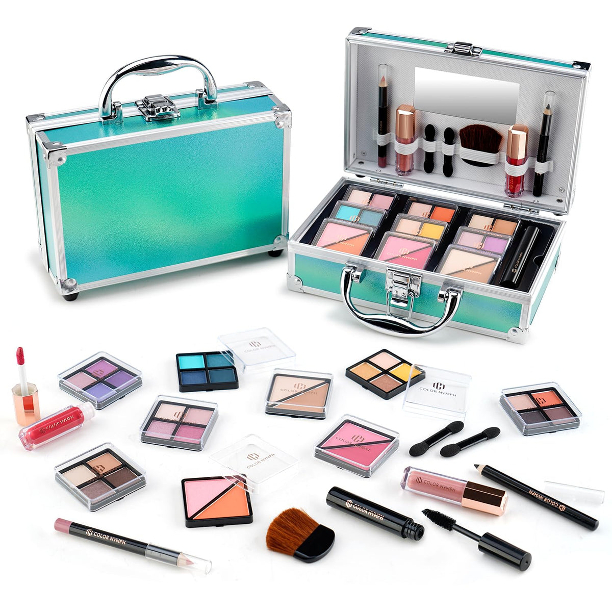 Color Nymph beginner makeup kit train case green, organized storage for teens.