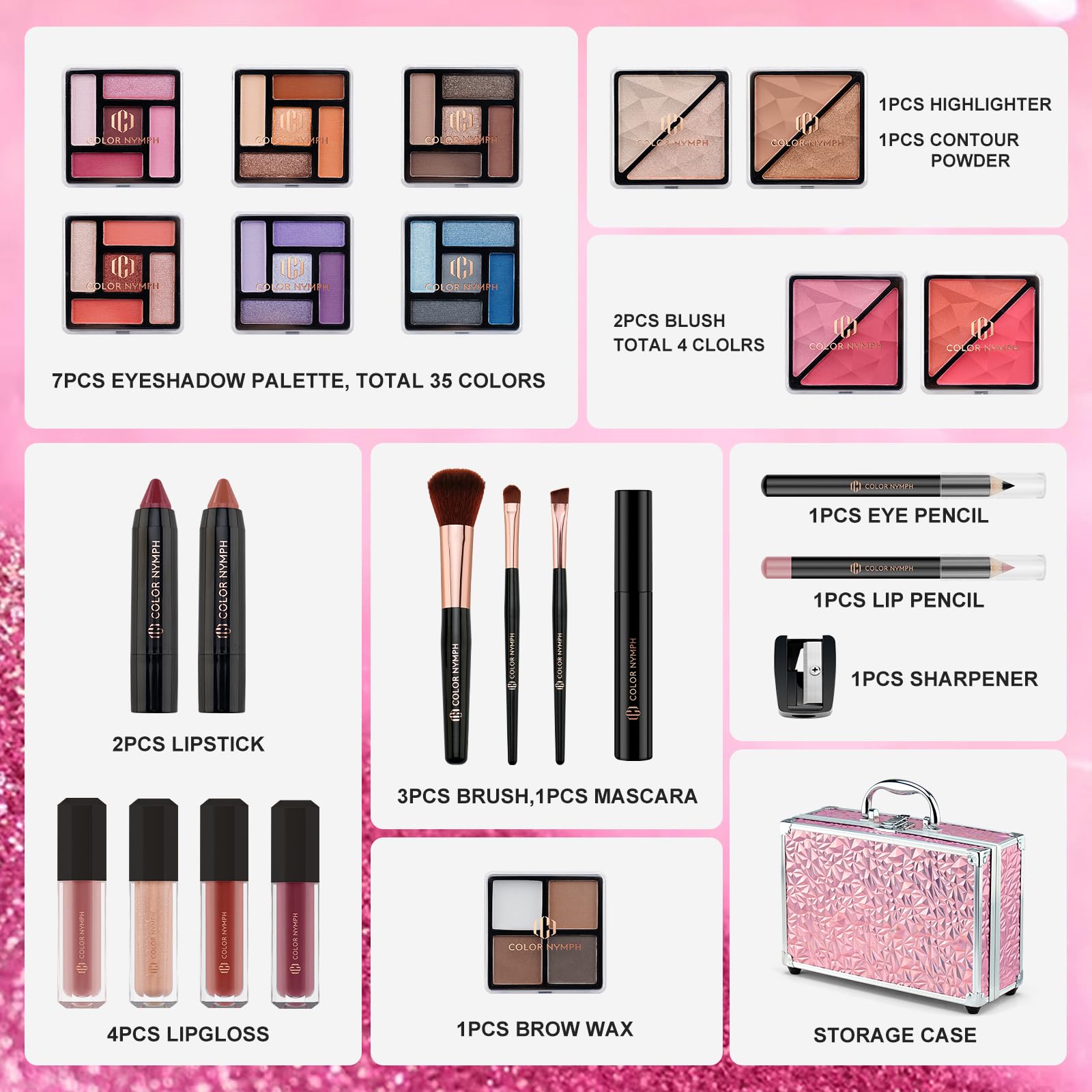 Color Nymph mirror inside train case aids precise makeup application.