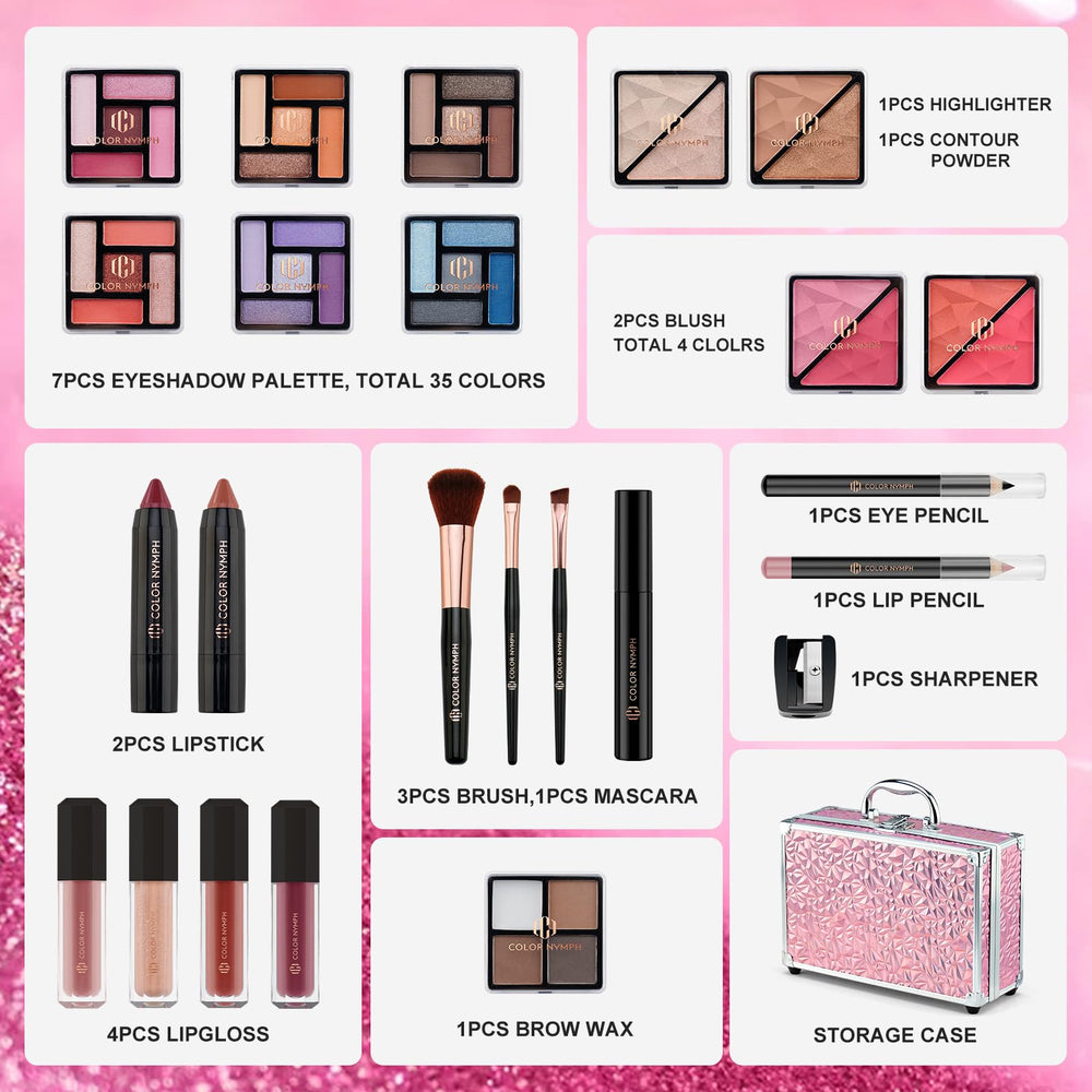 Color Nymph mirror inside train case aids precise makeup application.