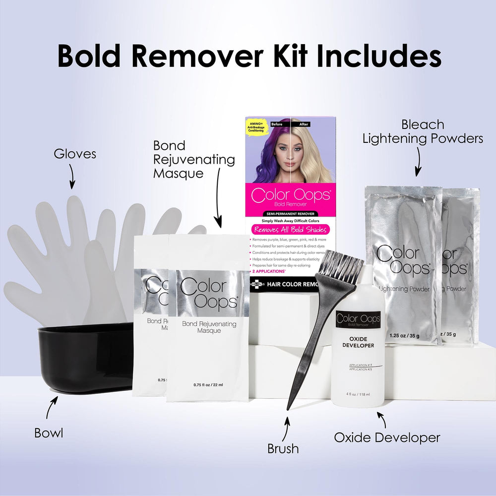 Color Oops Bold Remover application scene shows hair color fading.