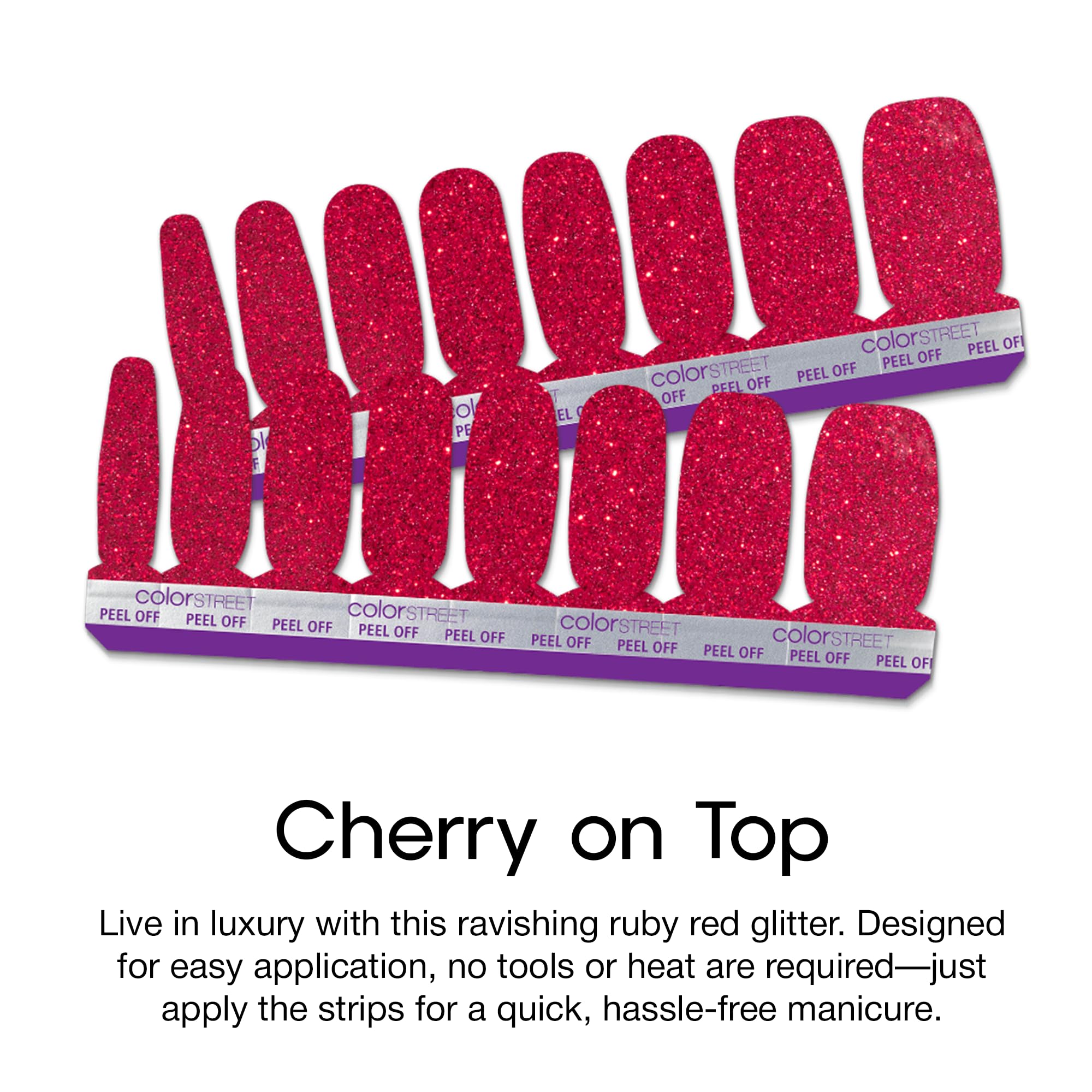 Color Street Cherry on Top: detalle de brillo rojo para uñas deslumbrantes.