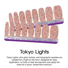 Color Street Tokyo Lights pink-gold and holographic sparkle swatch for festive hands.
