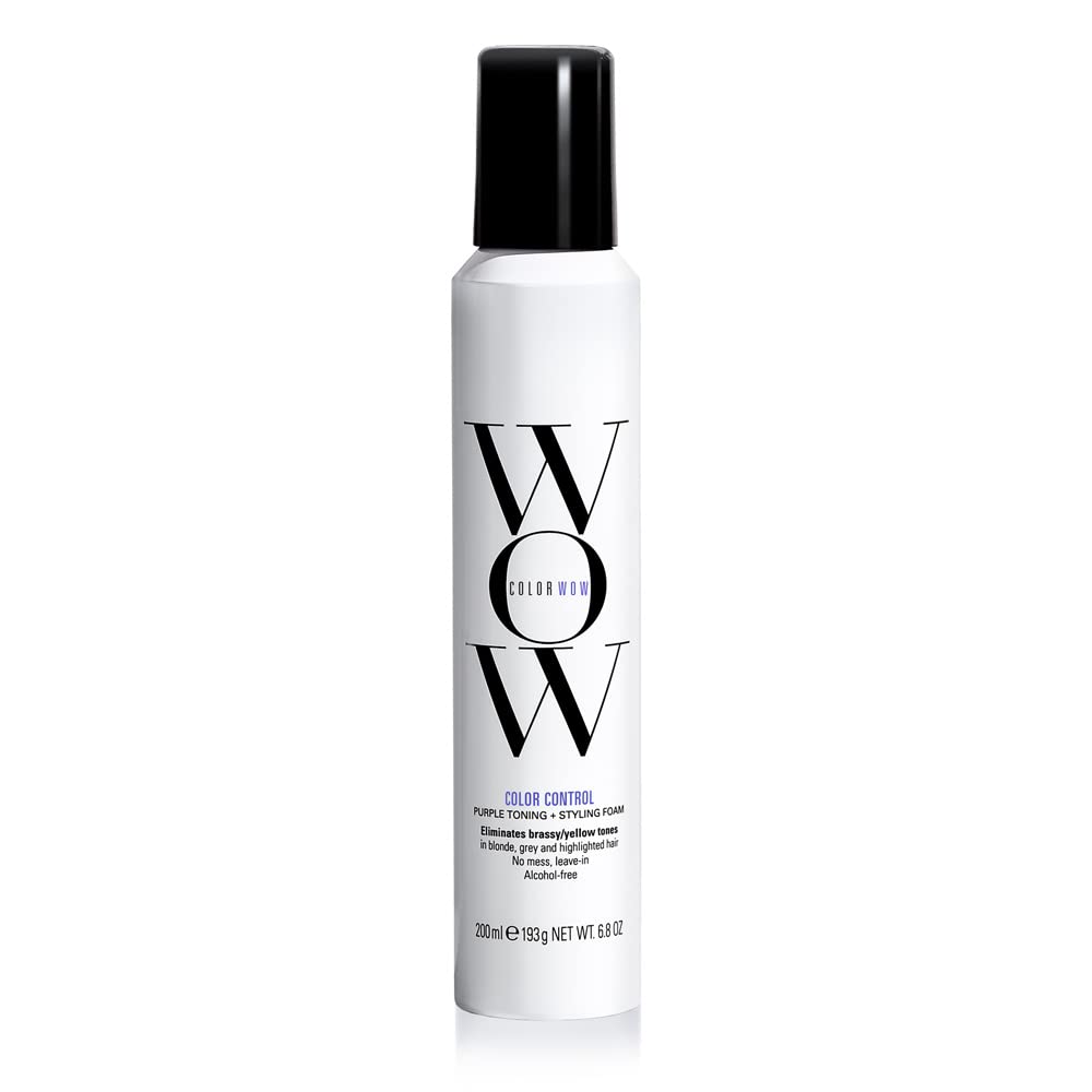 COLOR WOW Color Control Purple Foam bottle shows tinted formula neutralizing brass tones.