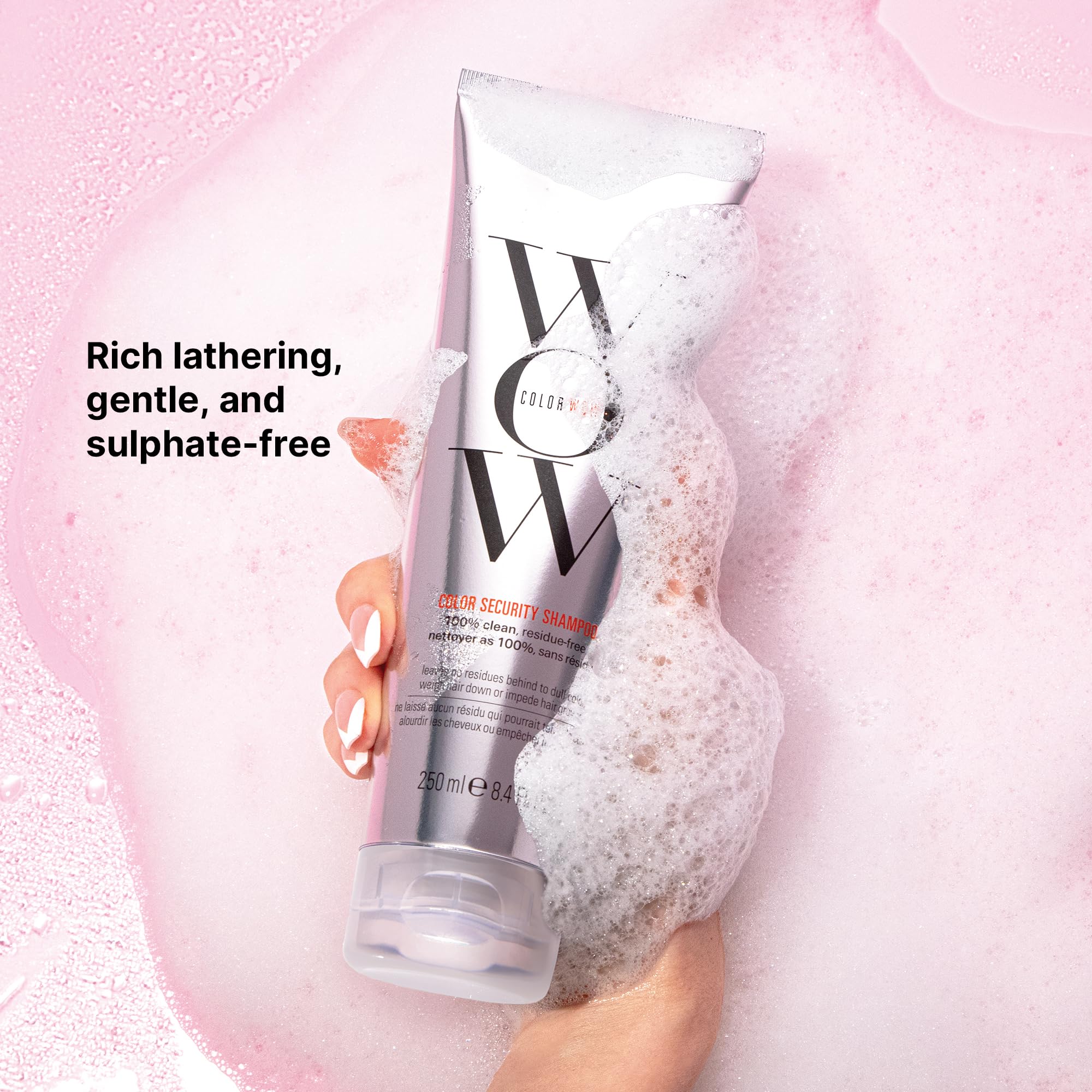 COLOR WOW Color Security Shampoo emphasizes no silicones or heavy buildup for clean hair.