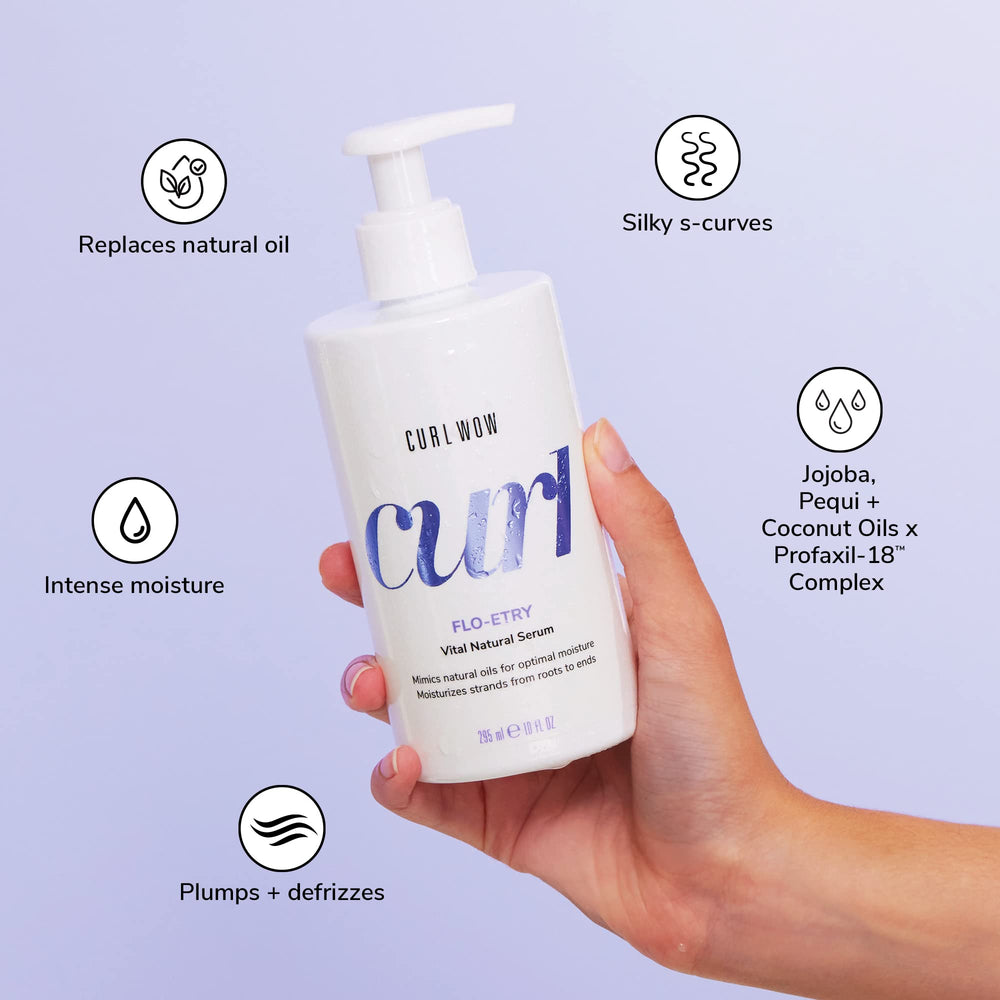 COLOR WOW Curl Wow FLO-ETRY oil blend highlights jojoba, pequi, coconut for nourishment.