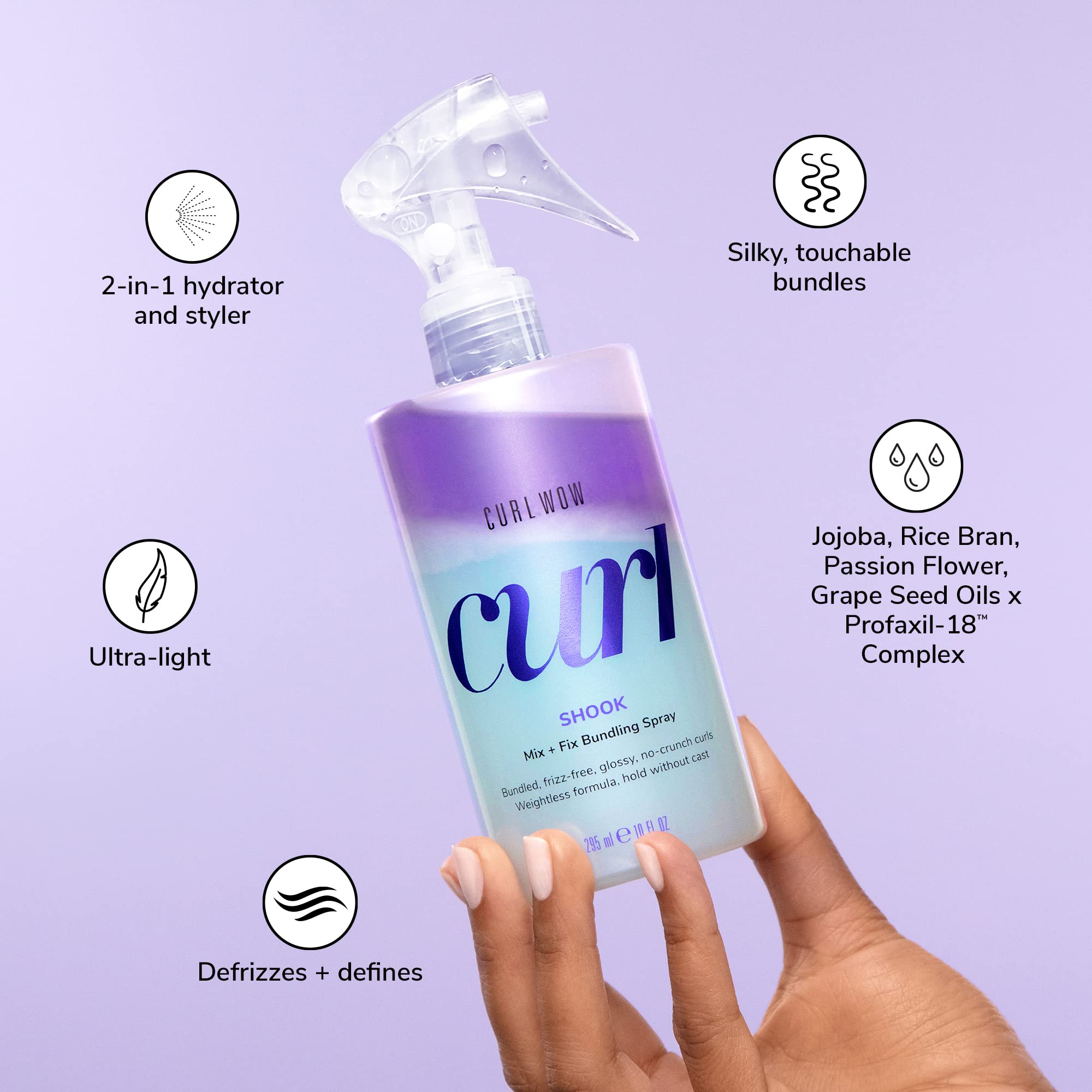 COLOR WOW Curl Wow Shook application on hair creates defined, flexible curls