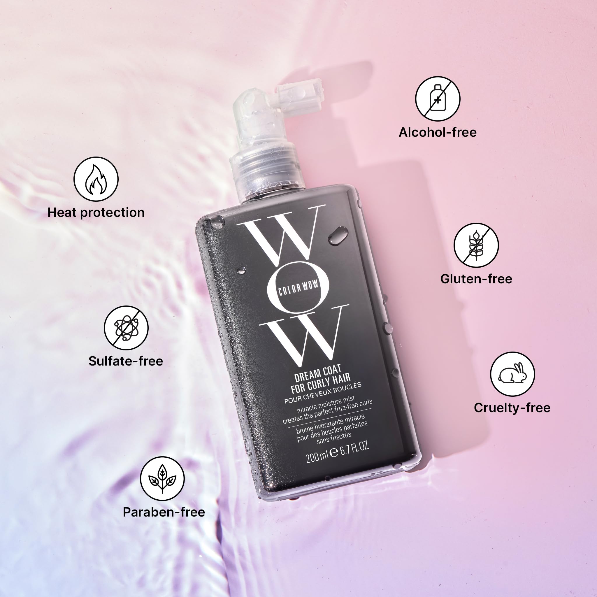 COLOR WOW Dream Coat alcohol-free formula emphasizes moisture and shine.