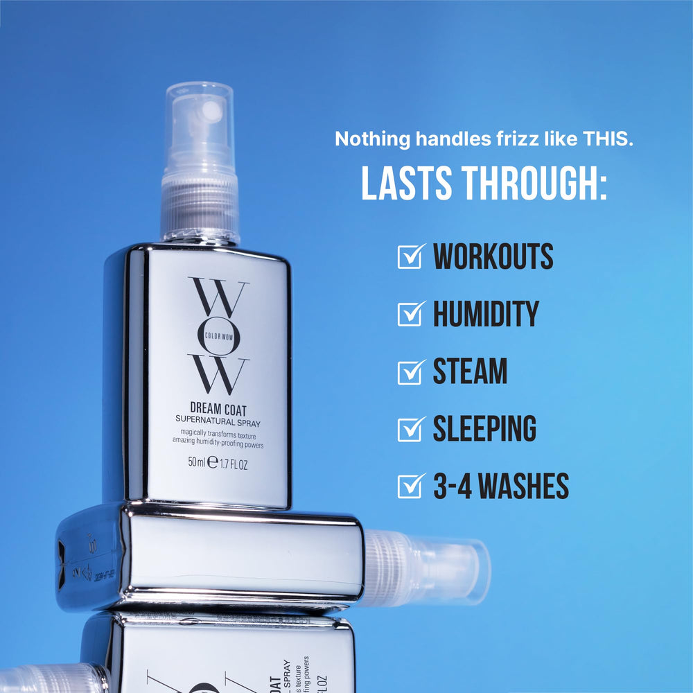 COLOR WOW Dream Coat anti-frizz finish on shiny hair in humid conditions.