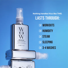 COLOR WOW Dream Coat anti-frizz finish on shiny hair in humid conditions.