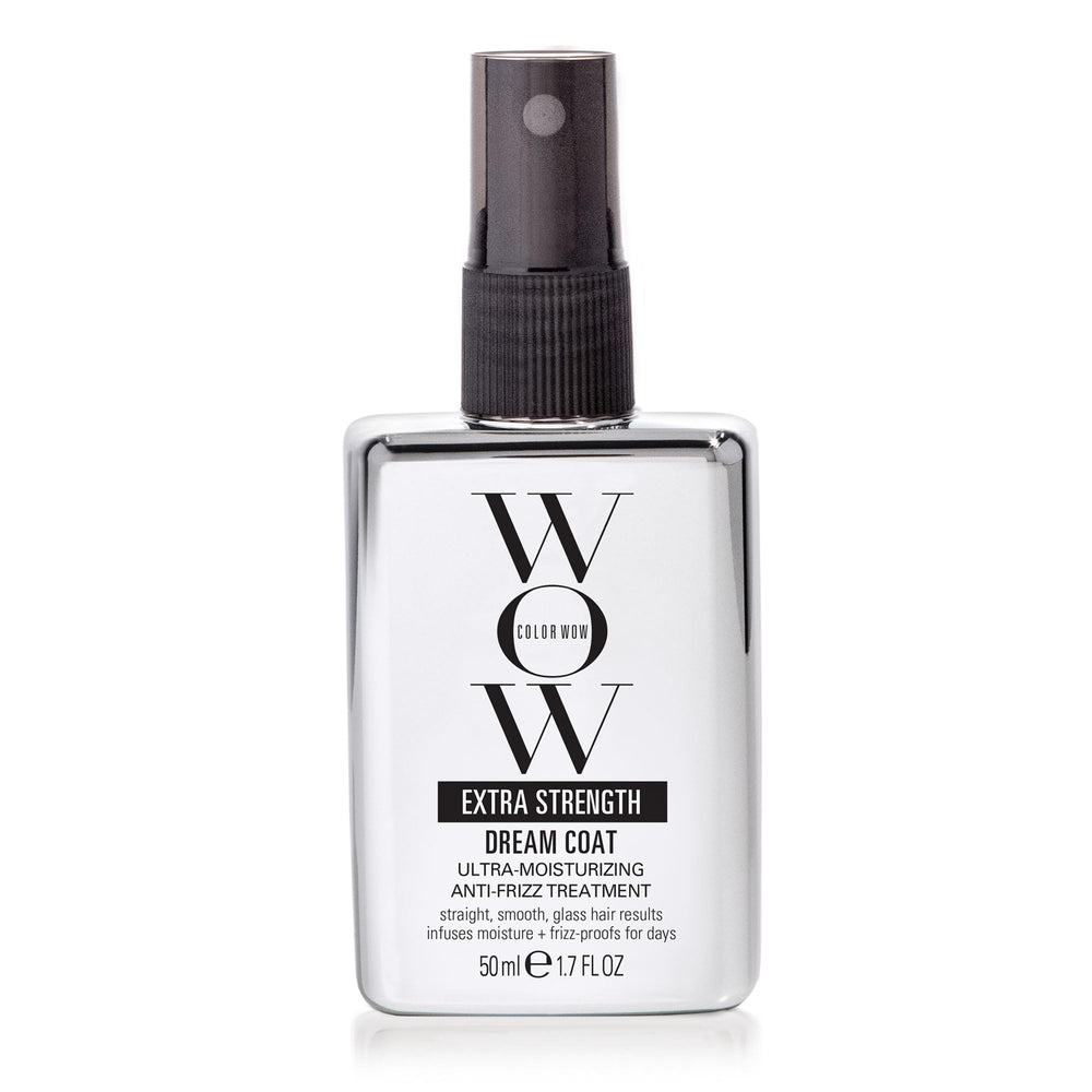 COLOR WOW Dream Coat bottle pouring to reveal anti-humidity protection for ultra-dry hair.