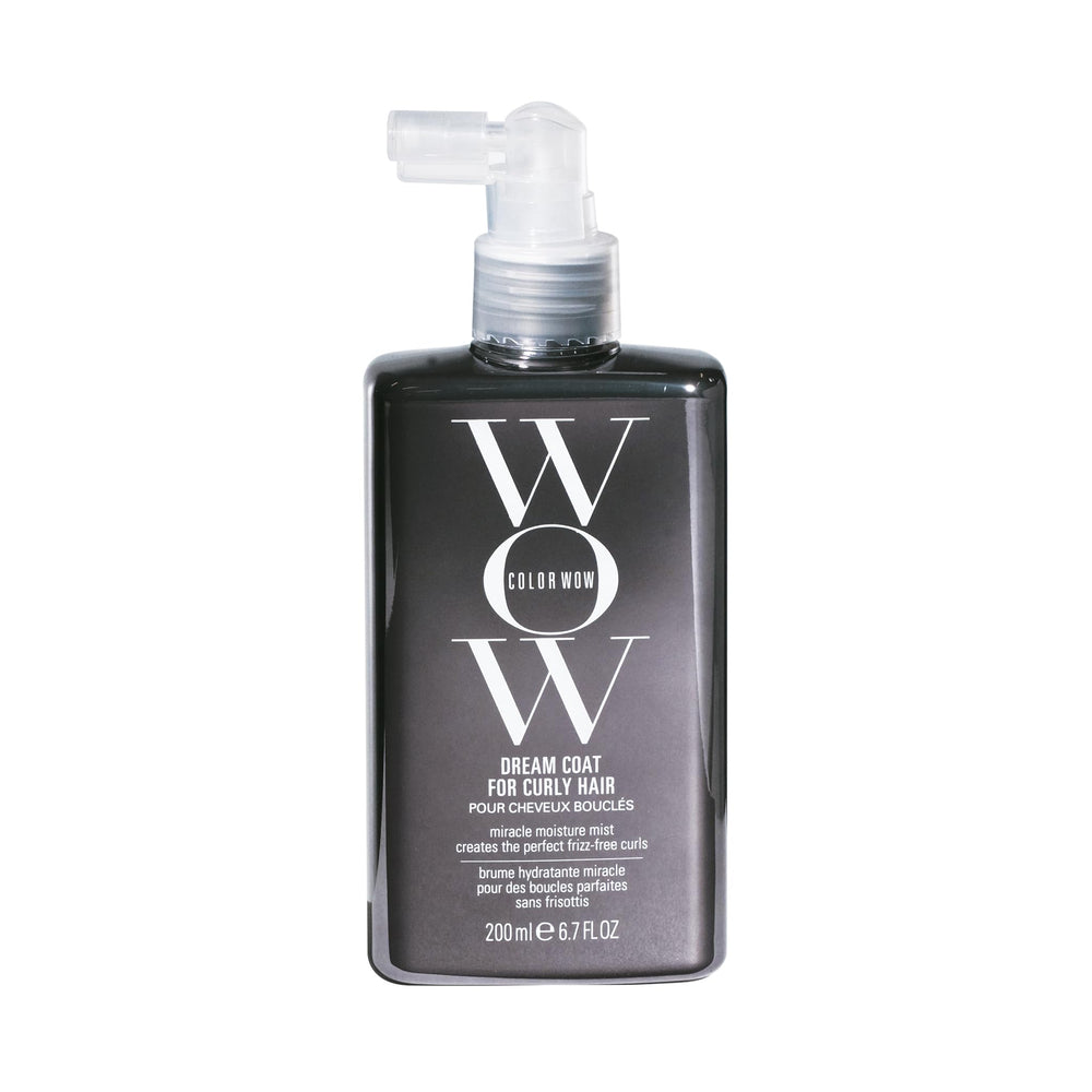COLOR WOW Dream Coat curly hair bottle showing frizz-free, defined curls.