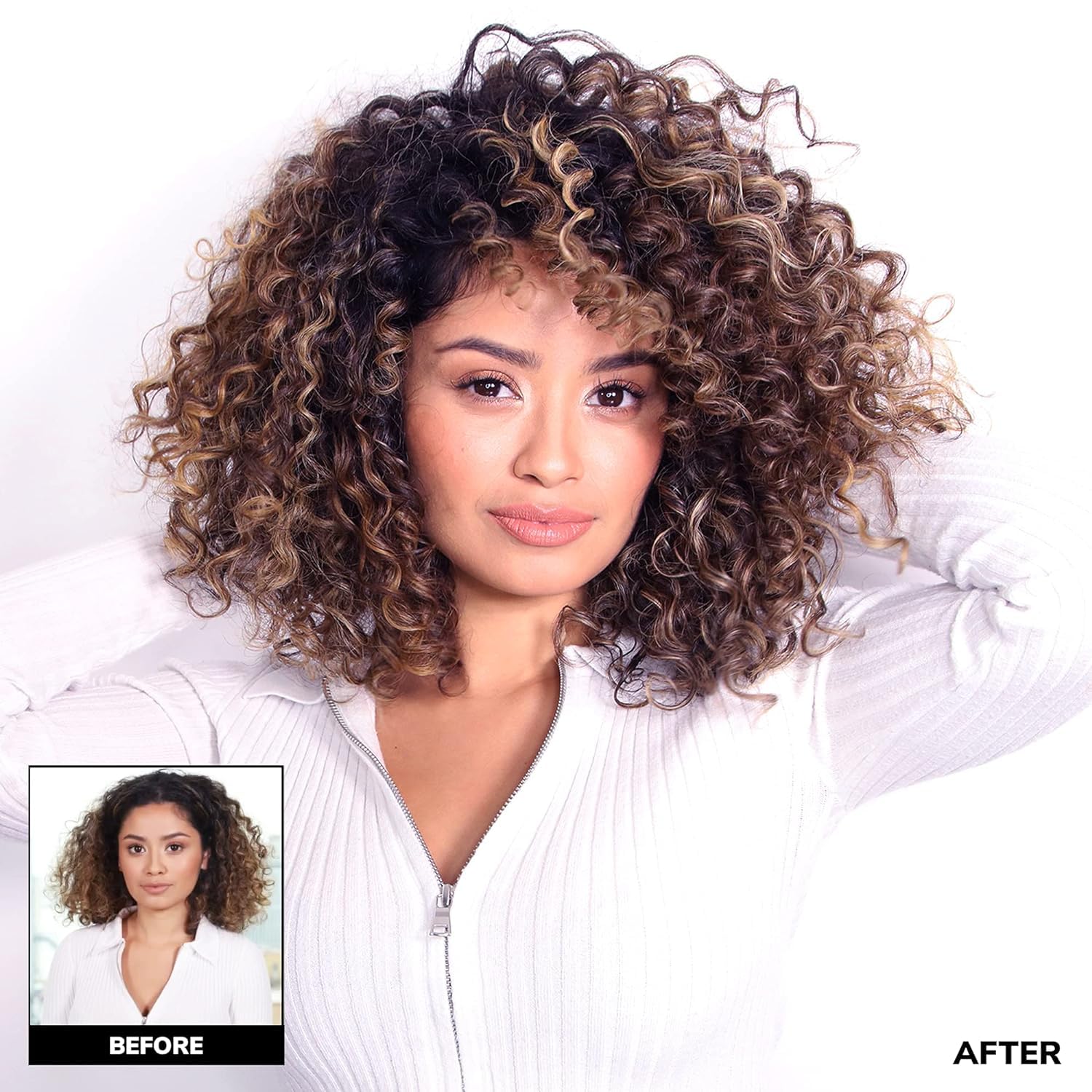 COLOR WOW Dream Coat Curly Hair on model showcases defined, frizz-free curls.