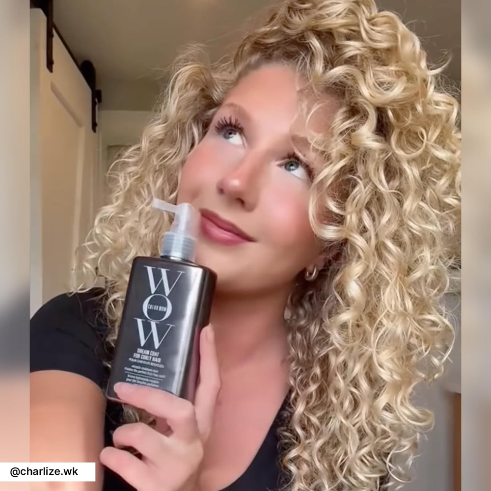 COLOR WOW Dream Coat frizz-free shine image highlights smooth, bouncy curls.