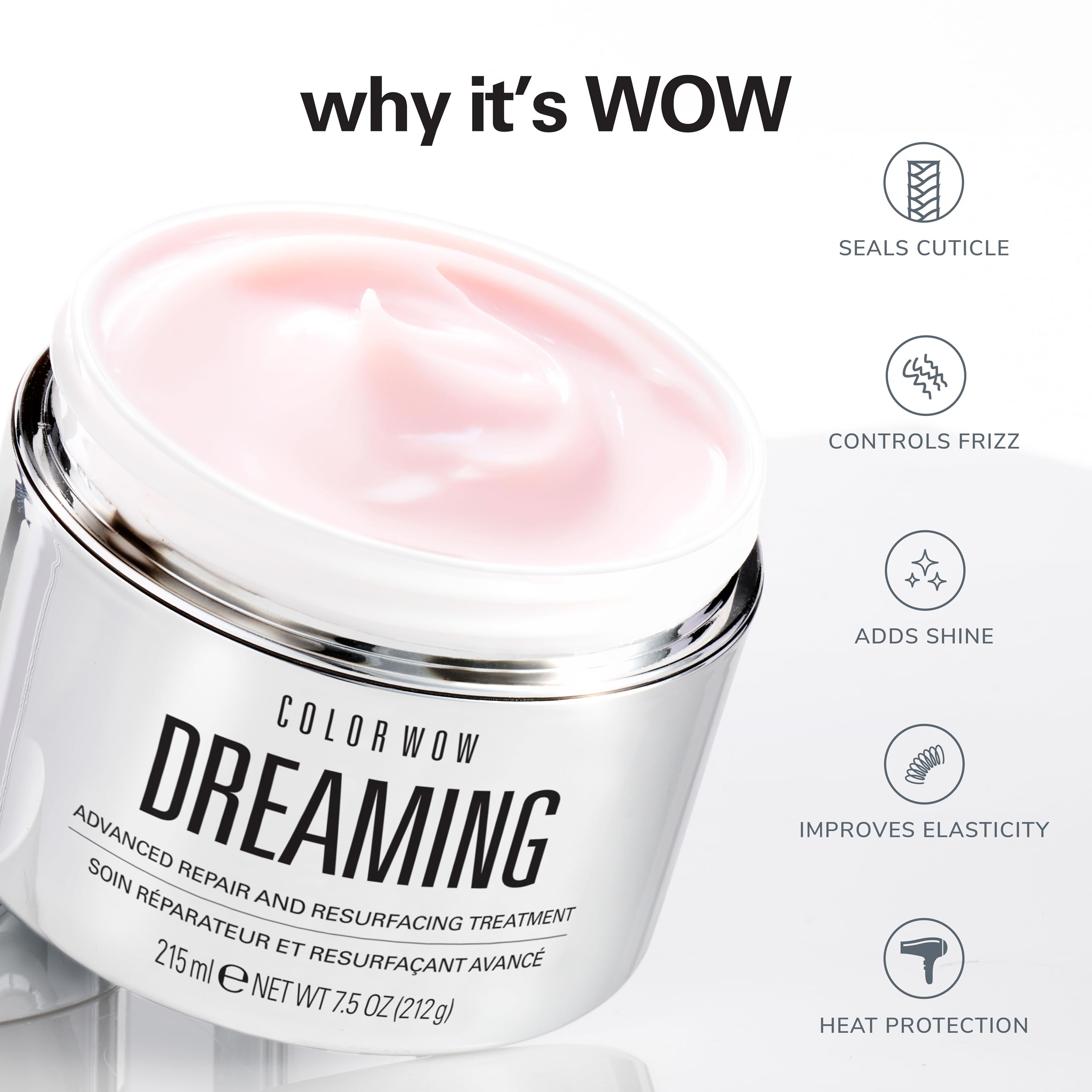 color wow dreaming silky-glassy finish on hair indicates luxurious, frizz-free styling.
