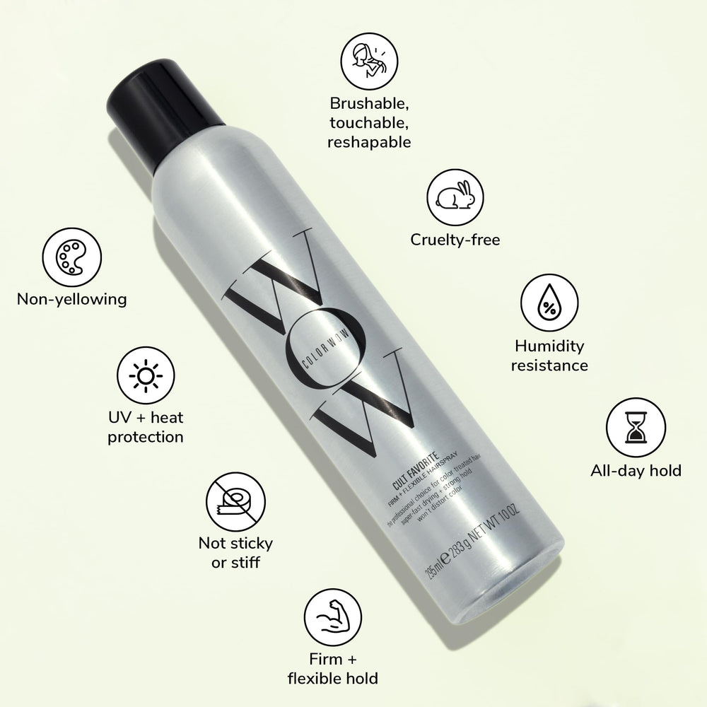 COLOR WOW Cult Favorite hairspray on model displaying color-preserving gloss.