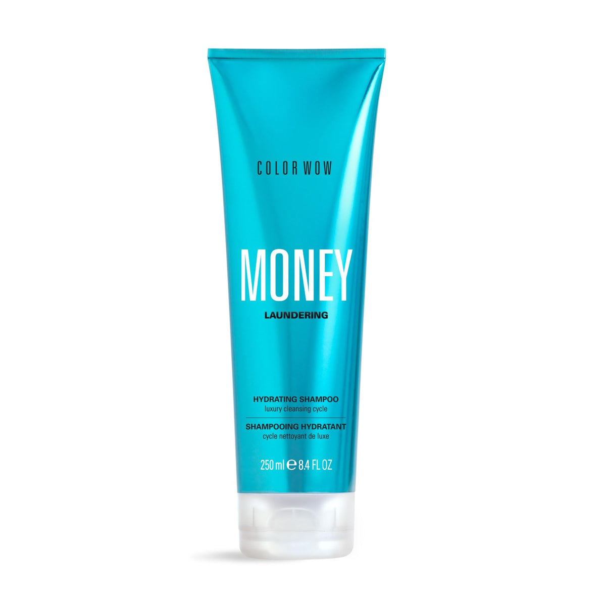 Color Wow Money Laundering Hydrating Shampoo bottle highlights clean scalp and smooth hair