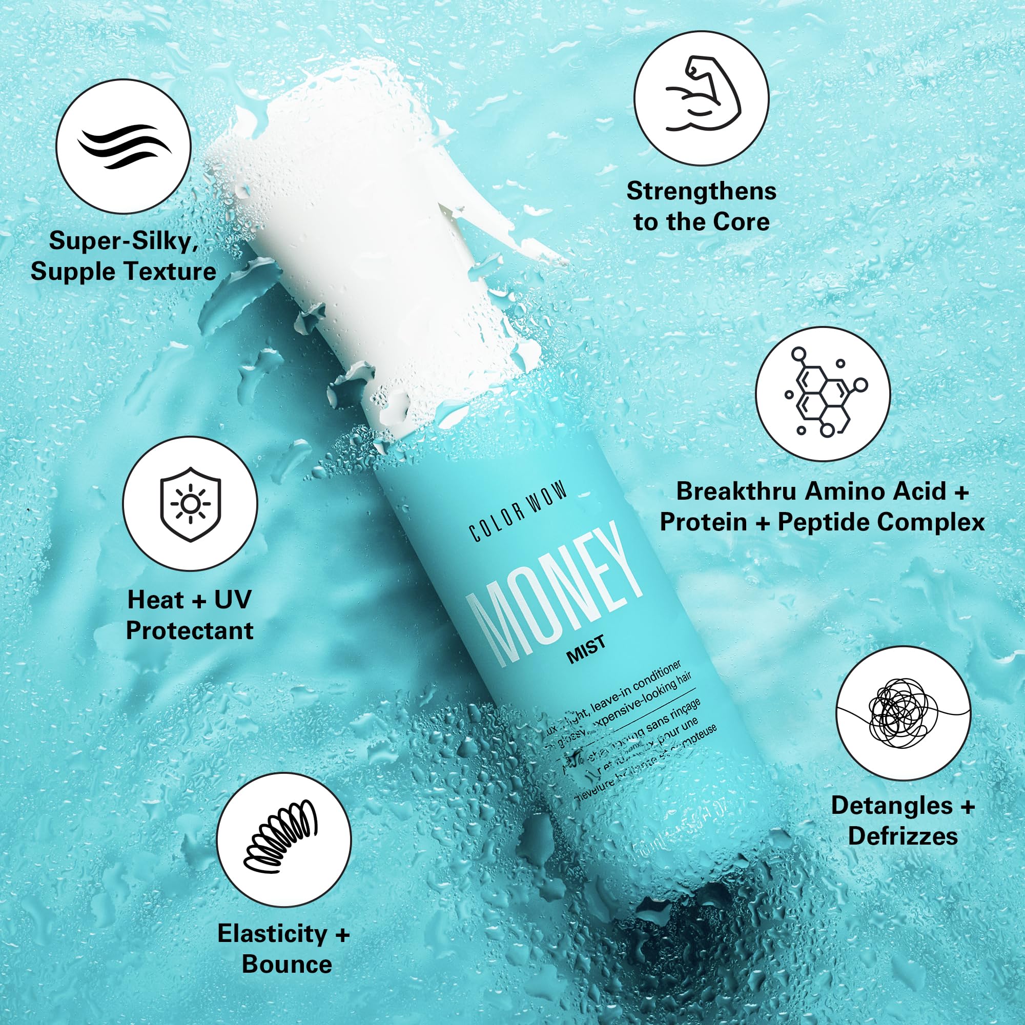 COLOR WOW Money Mist Baolized Amino Acid Complex provides strengthening.