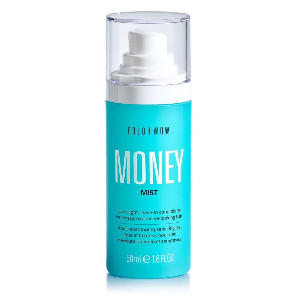 COLOR WOW Money Mist bottle pour illustrating sleek packaging for glossy, luxurious hair.