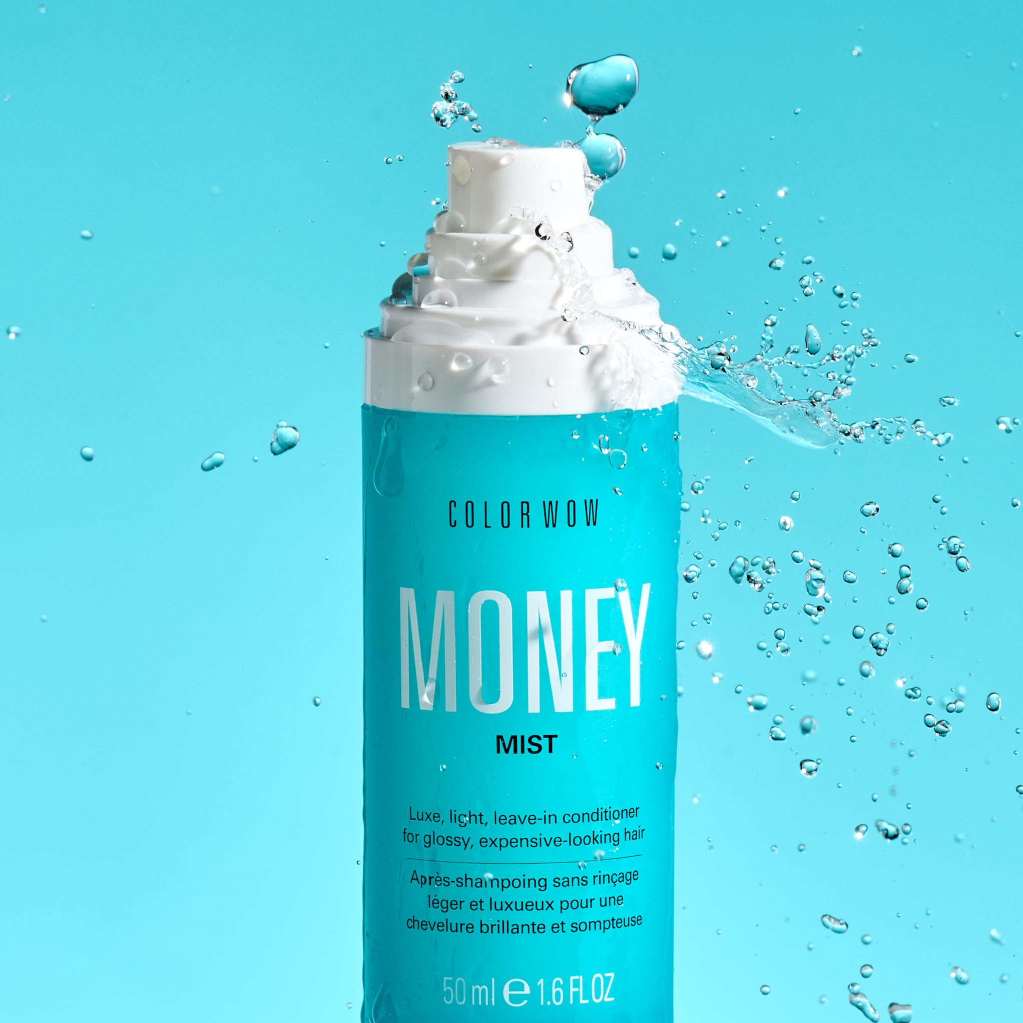 COLOR WOW Money Mist frizz control visual hinting at smoother styling.