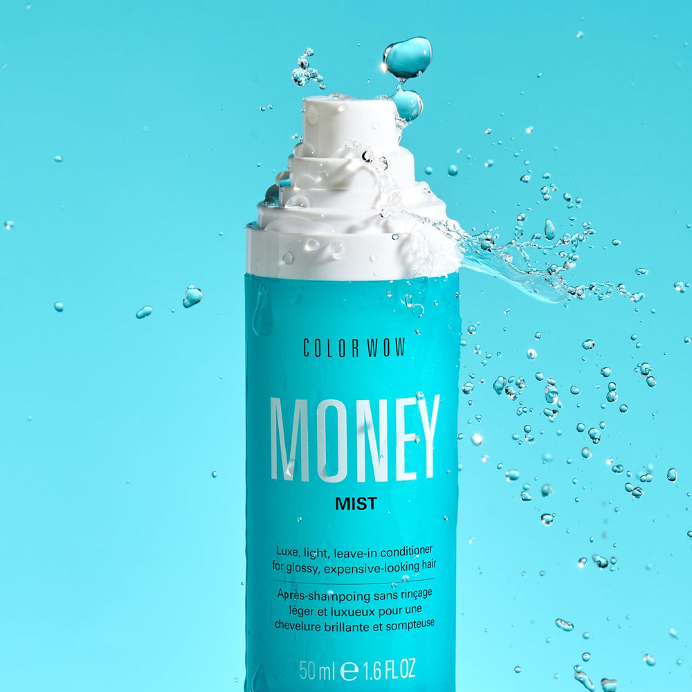 COLOR WOW Money Mist frizz control visual hinting at smoother styling.