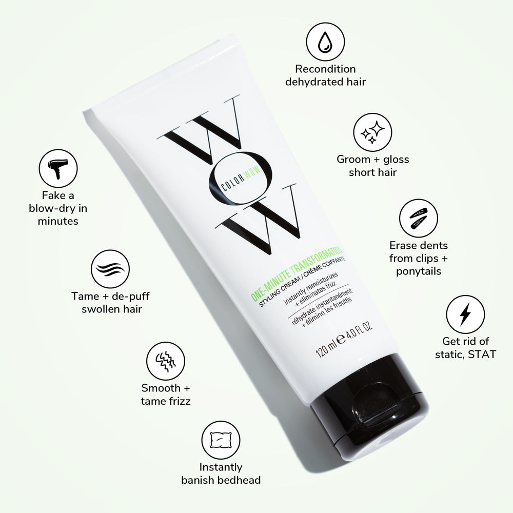 COLOR WOW One Minute Transformation cream application highlights instant absorption and smoothing.