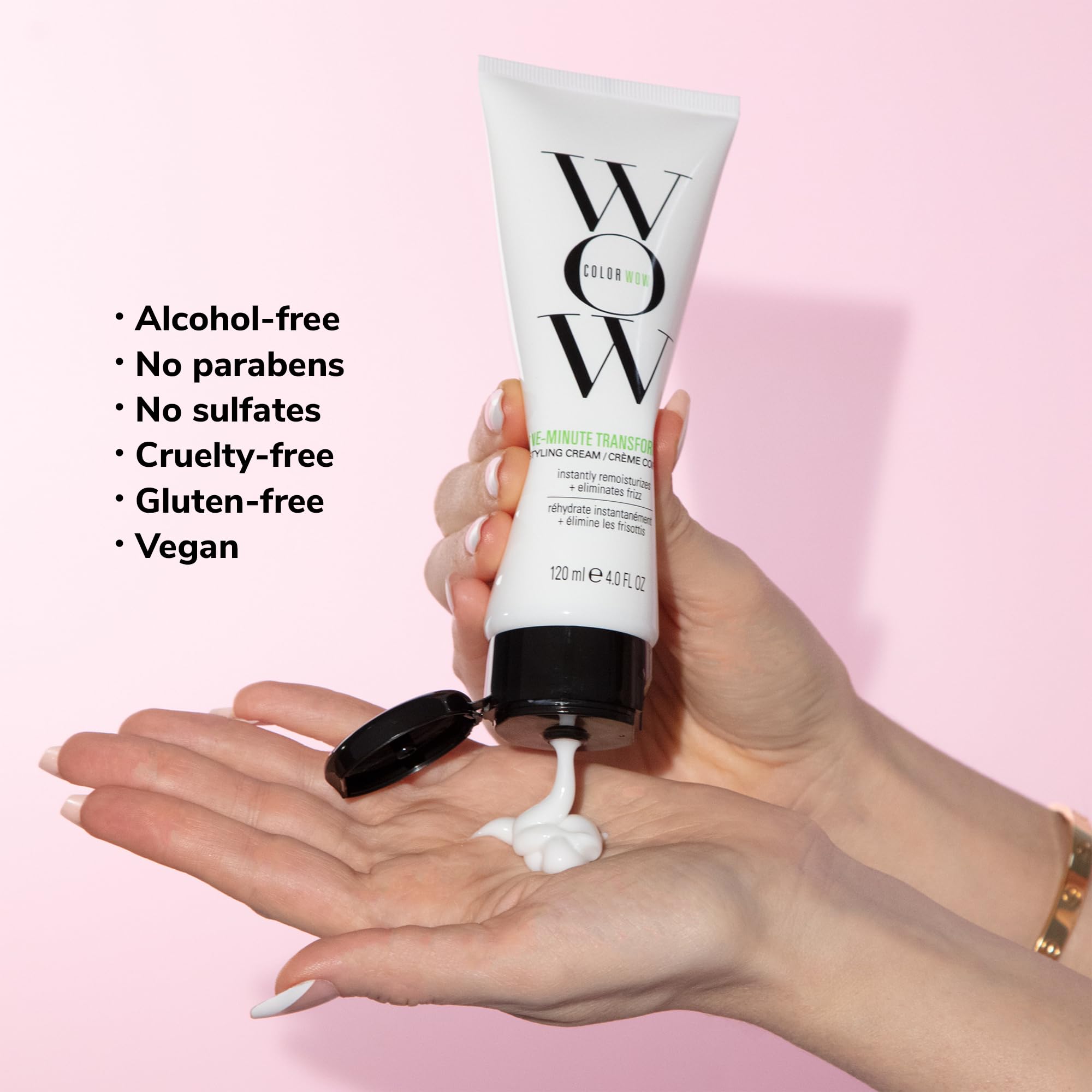COLOR WOW One Minute Transformation dry-hair styling shows quick revitalization and shine.