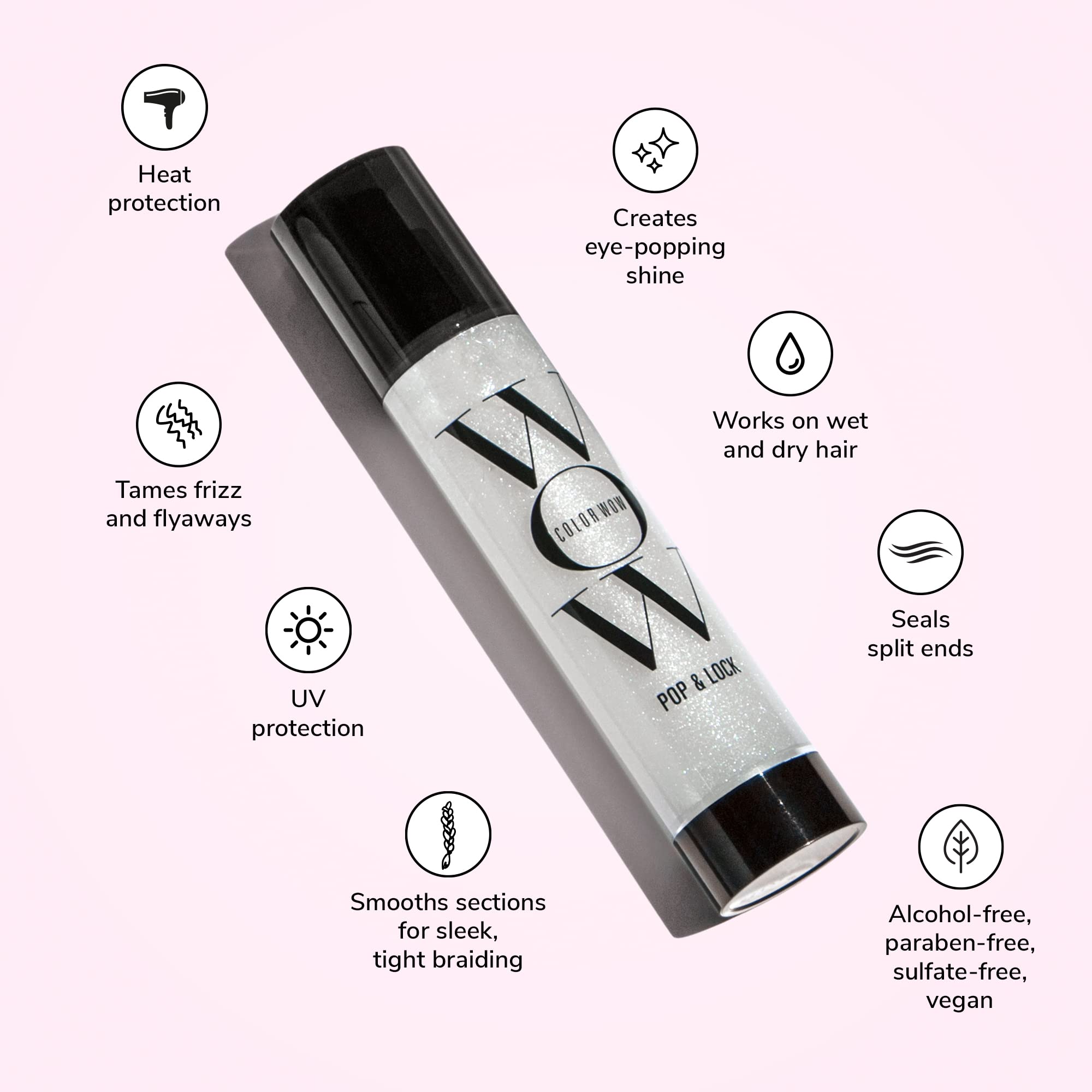COLOR WOW Pop Lock glossy finish on hair boosts smoothness and color vibrancy