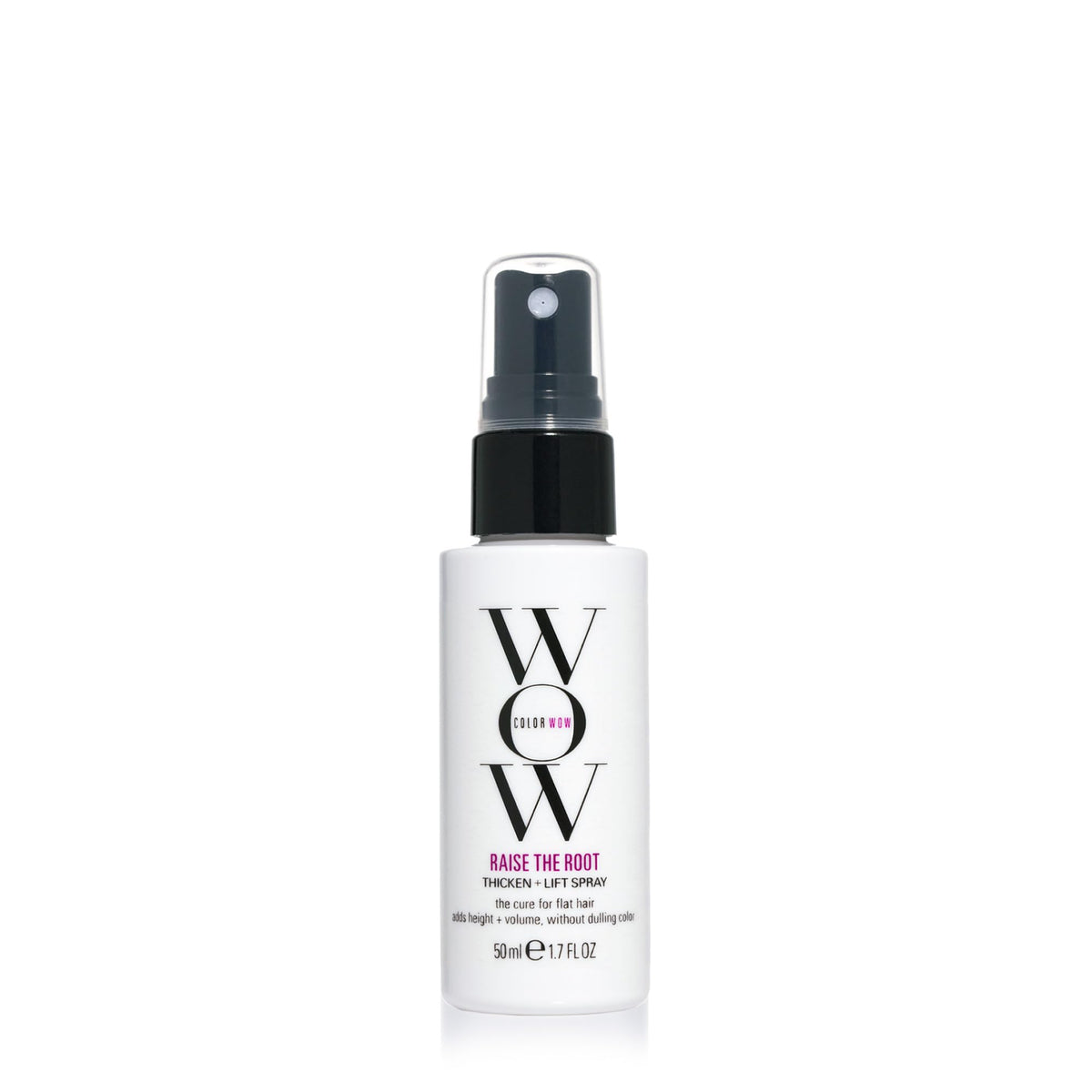 COLOR WOW Raise the Root spray bottle demonstrates instant lift for fine hair.