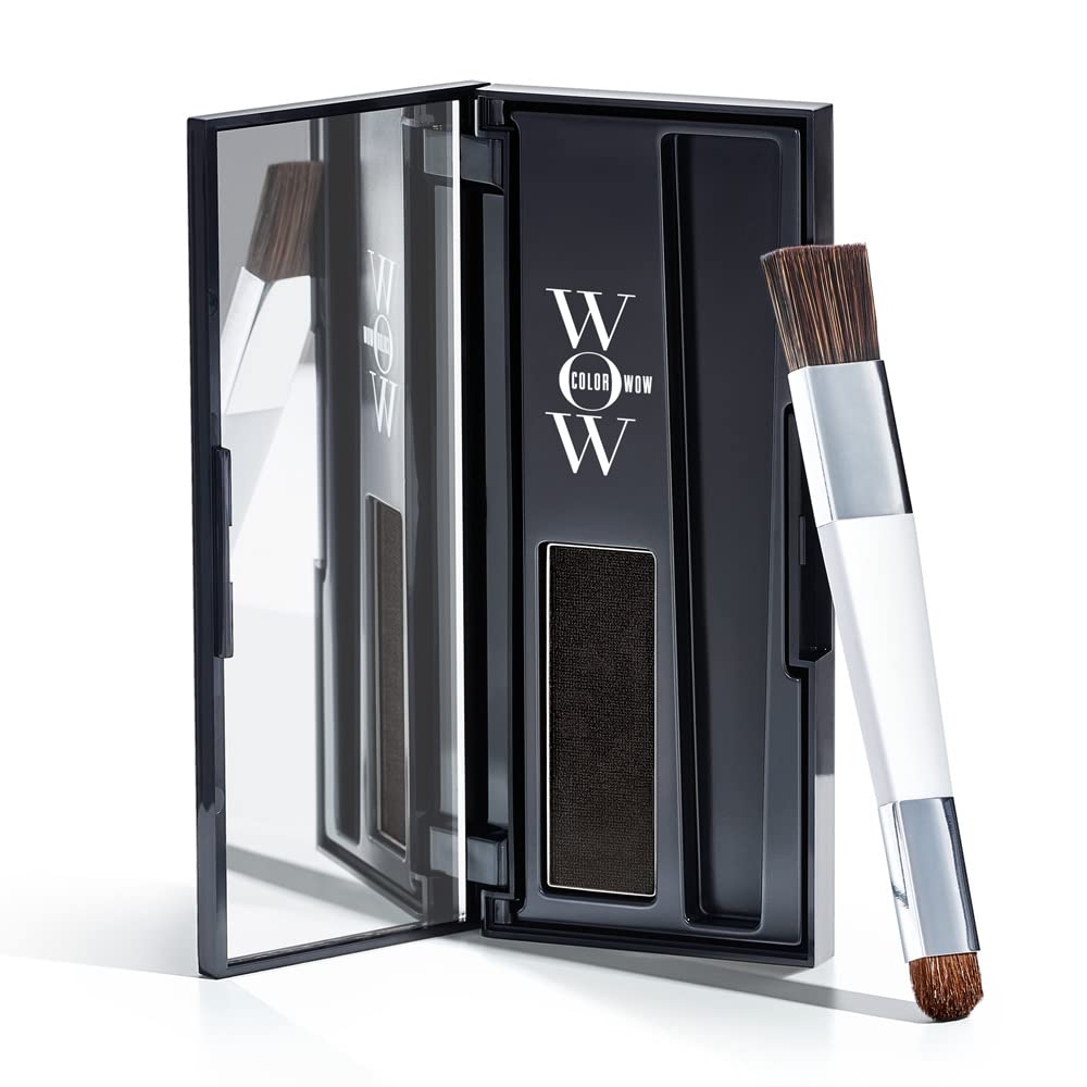 COLOR WOW Root Cover Up Black bottle demonstrates instant grey coverage with a natural finish.