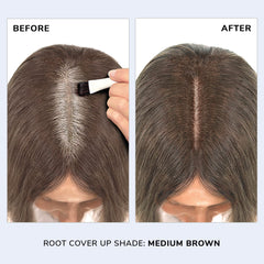 COLOR WOW Root Cover Up medium brown close-up before and after concealment.