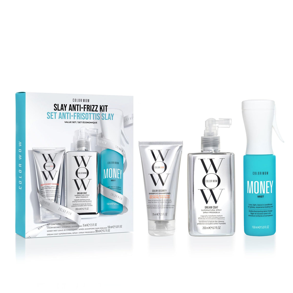 Color Wow Slay Kit Dream Coat spray provides humidity resistance for glossy, frizz-free hair.