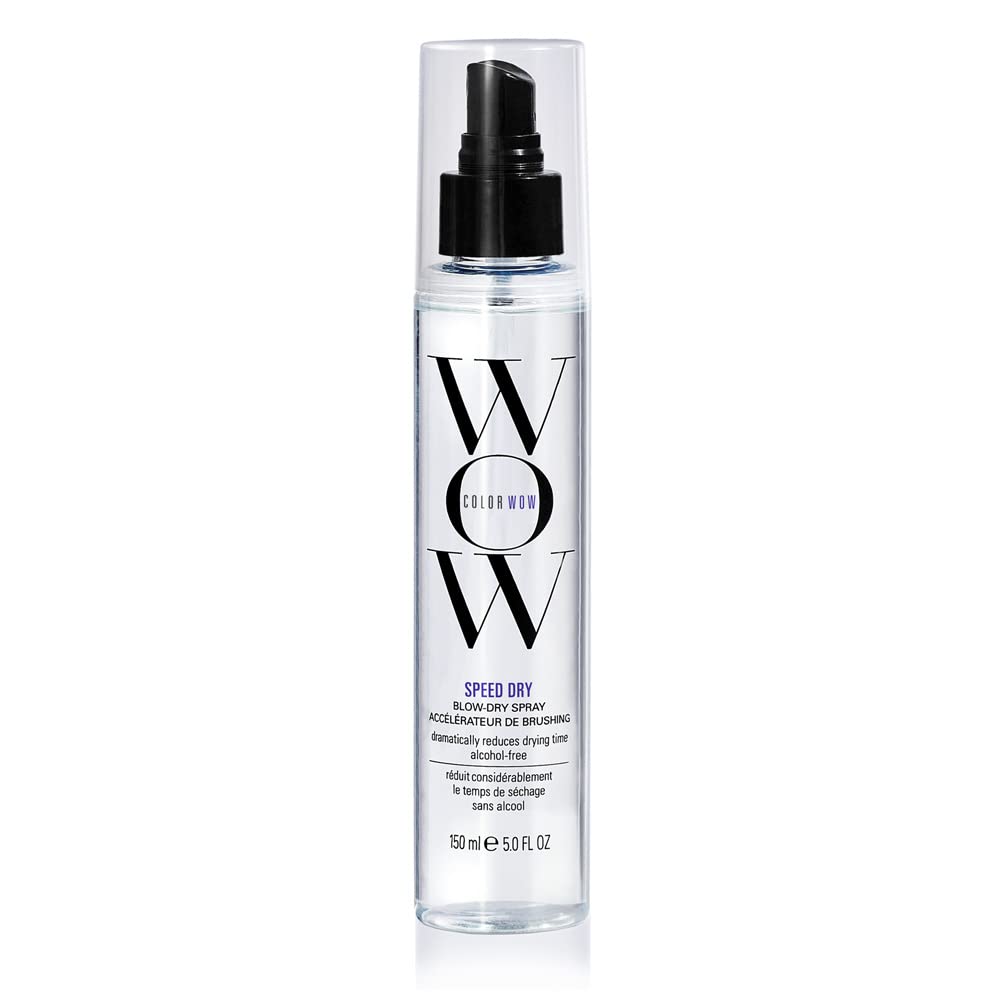 Color Wow Speed Dry bottle application shows rapid water removal for quicker blow-drying.
