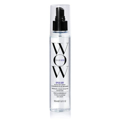 Color Wow Speed Dry bottle application shows rapid water removal for quicker blow-drying.
