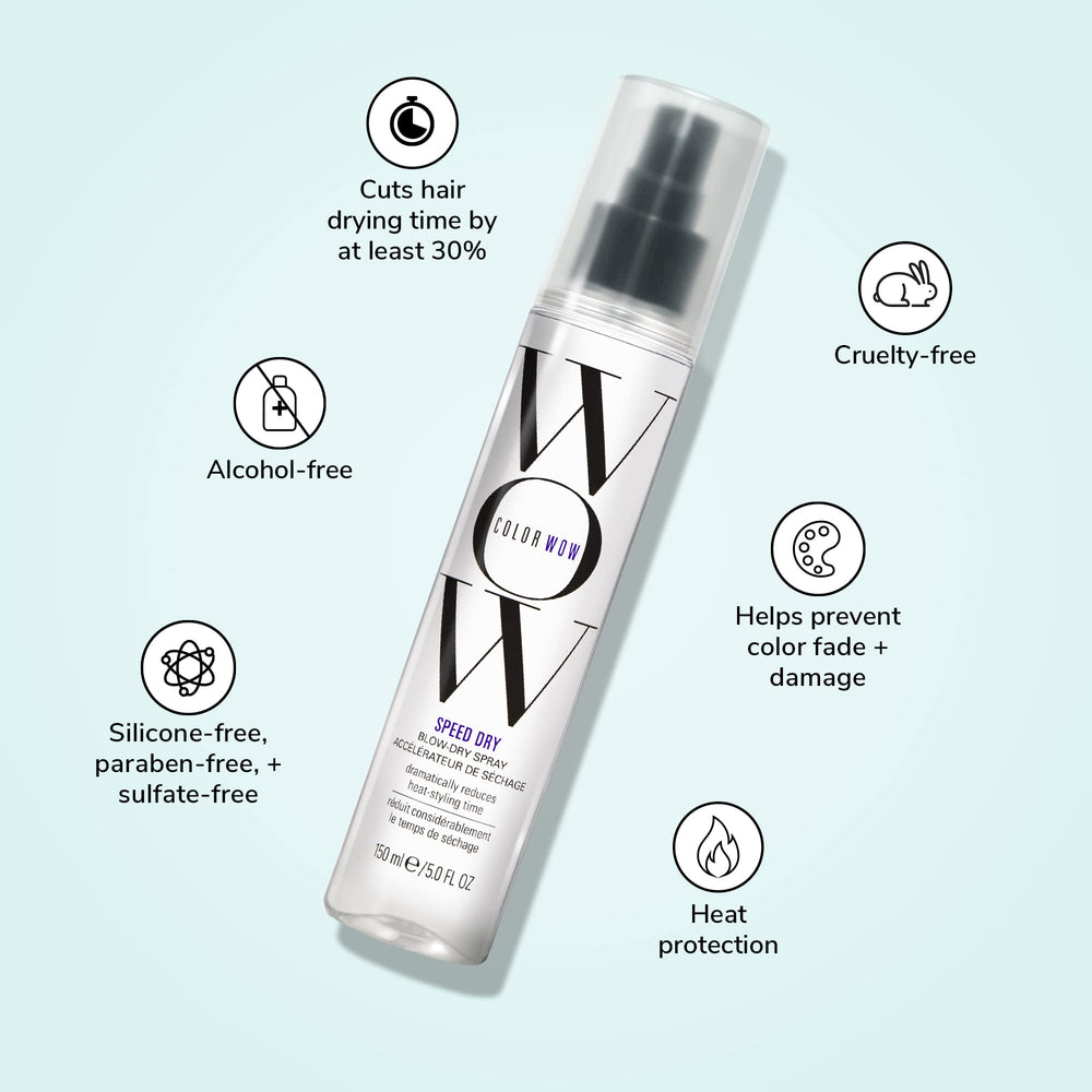 Color Wow Speed Dry packaging displays travel-friendly bottle and usage guide.
