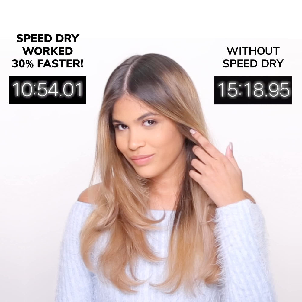 Color Wow Speed Dry shiny finish after blow-dry indicating healthy-looking result.