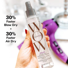 Color Wow Speed Dry spray dispense demonstrates even coverage for faster results.