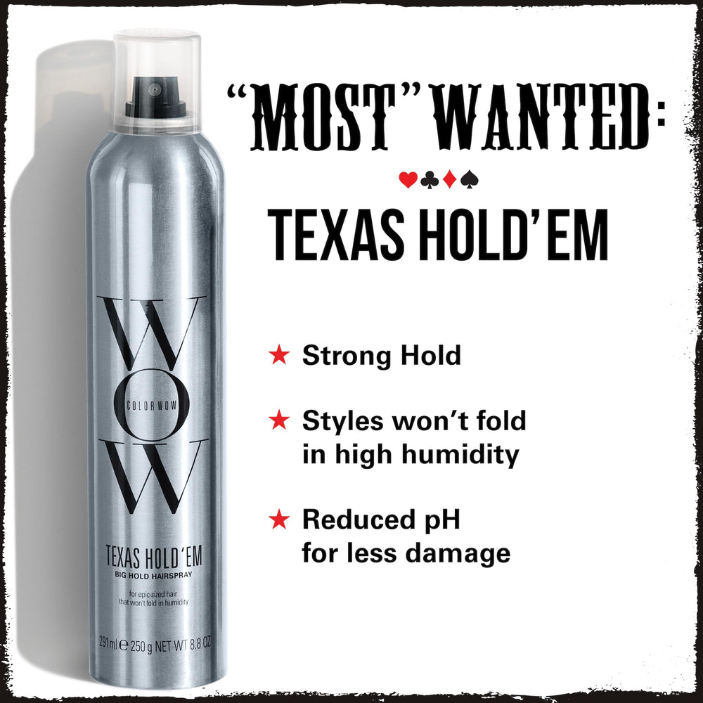 COLOR WOW Texas Hold 'Em Big Hold spray mist enables quick-dry, flake-free application.