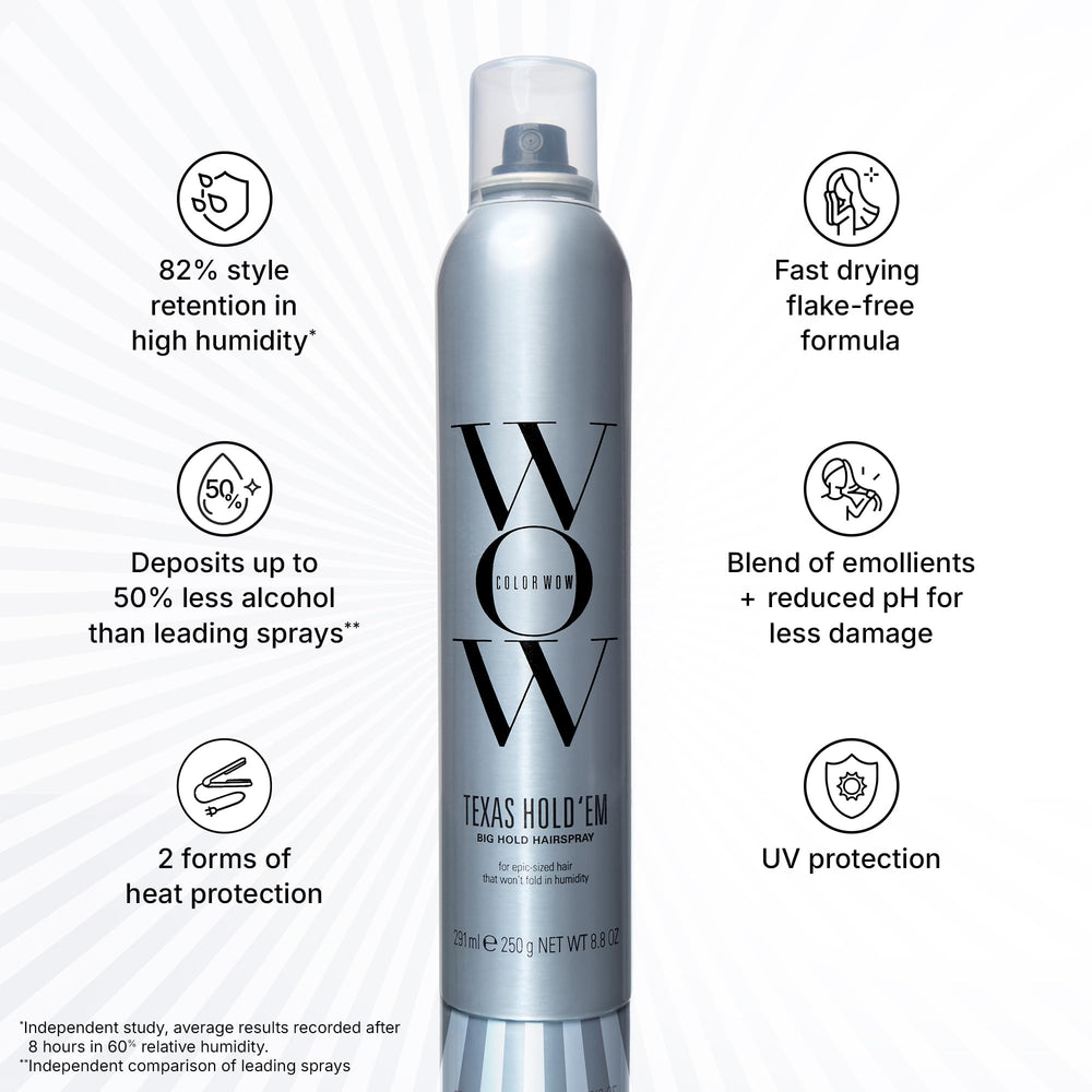 COLOR WOW Texas Hold 'Em Big Hold offers strong hold for humidity-resistant hairstyles.