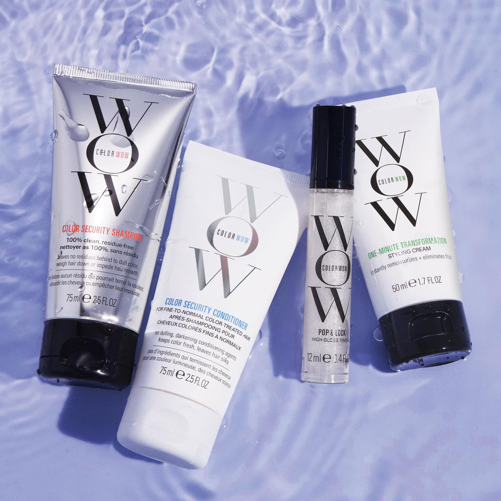 COLOR WOW One Minute Transformation Styling Cream on hair for instant smoothing.