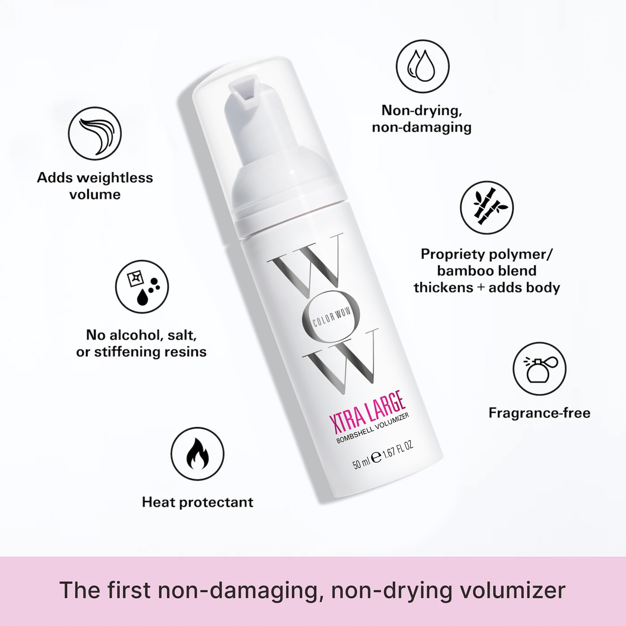 COLOR WOW Xtra Large Bombshell volume closeup reveals glossy hair