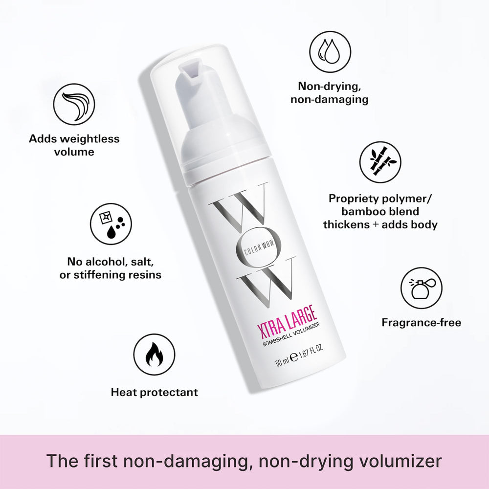 COLOR WOW Xtra Large Bombshell volume closeup reveals glossy hair