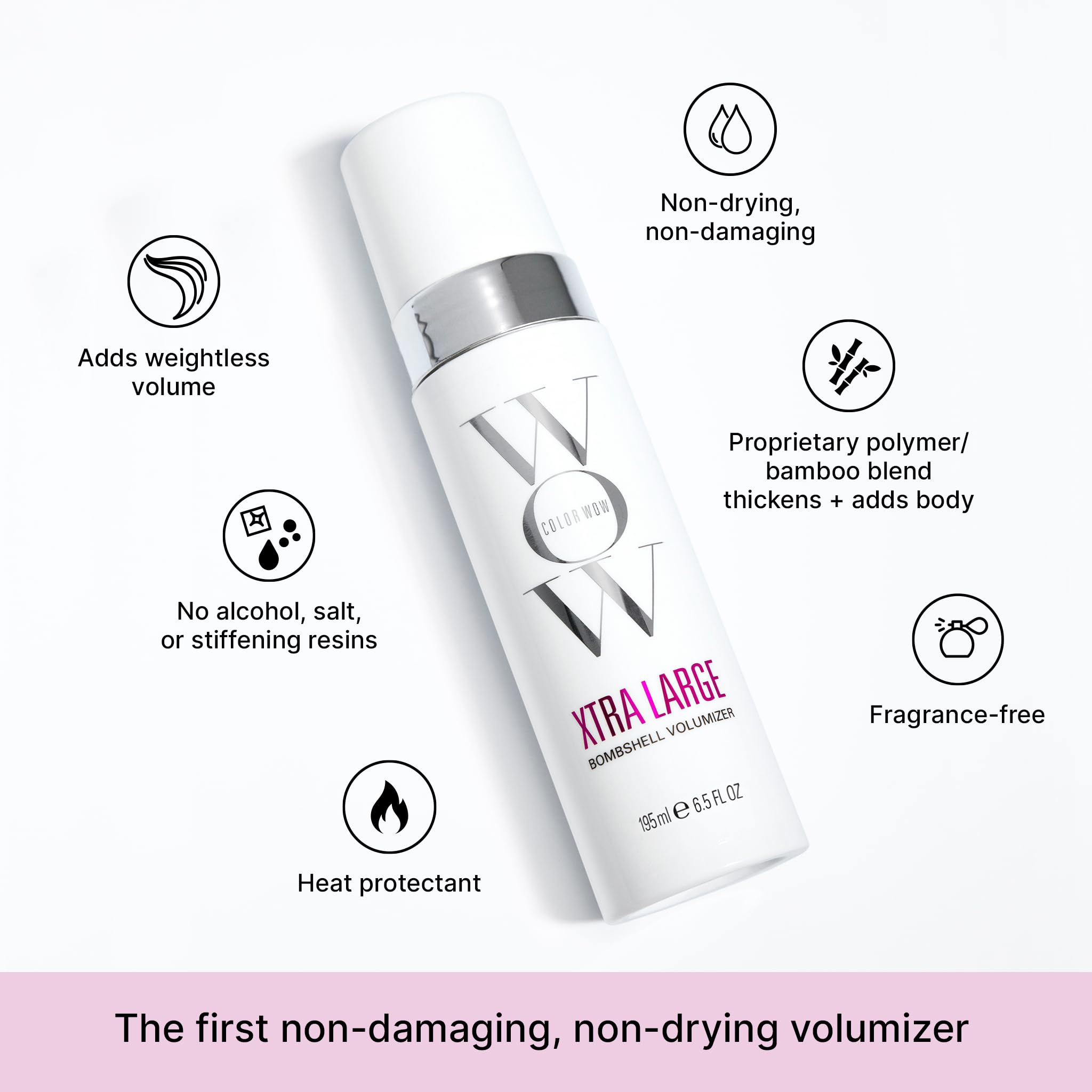 Color Wow Xtra Large Bombshell bamboo ingredient packaging emphasizing strand-strengthening