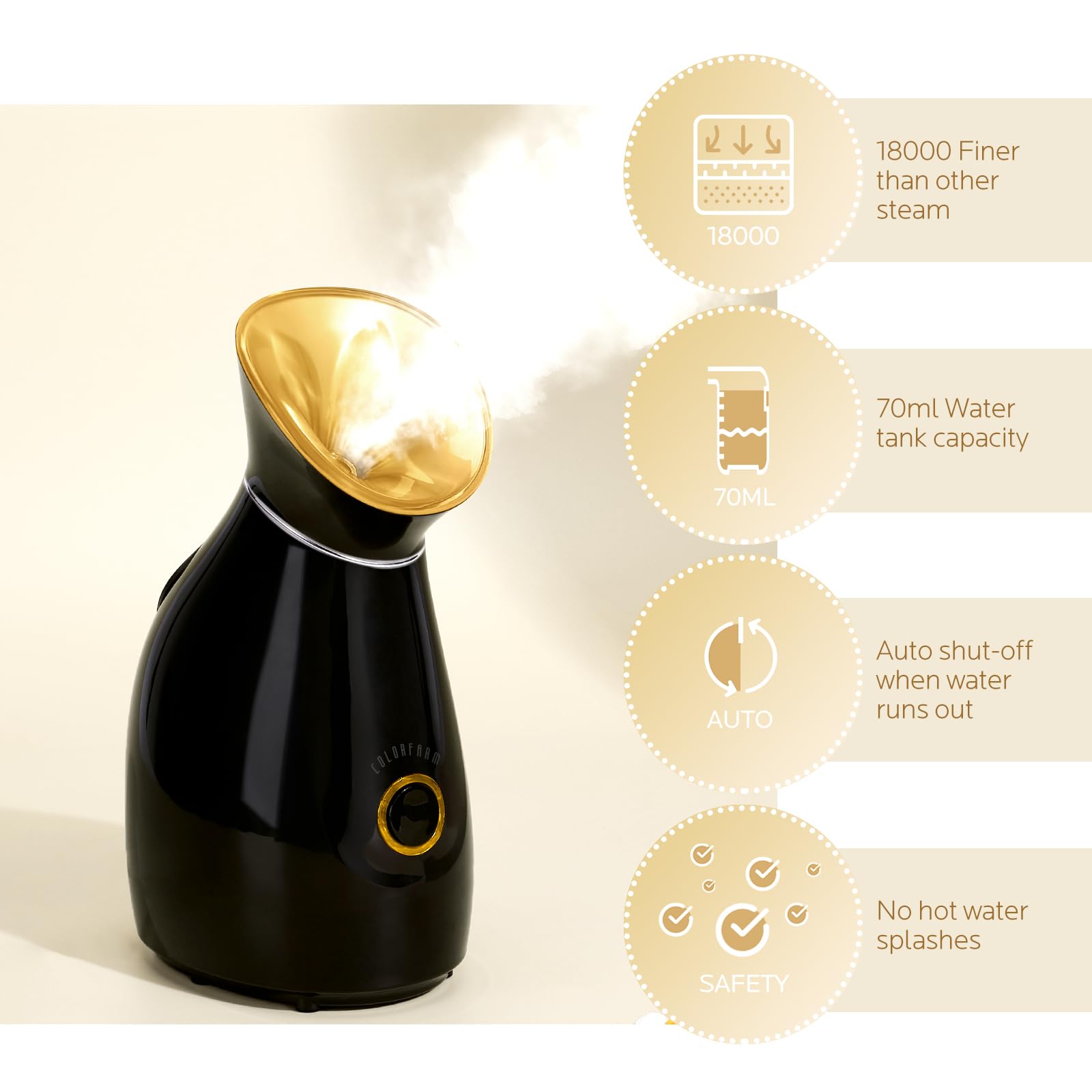 Colorfarm Facial Steamer Nano Ionic UL-certified device ensures safe use.